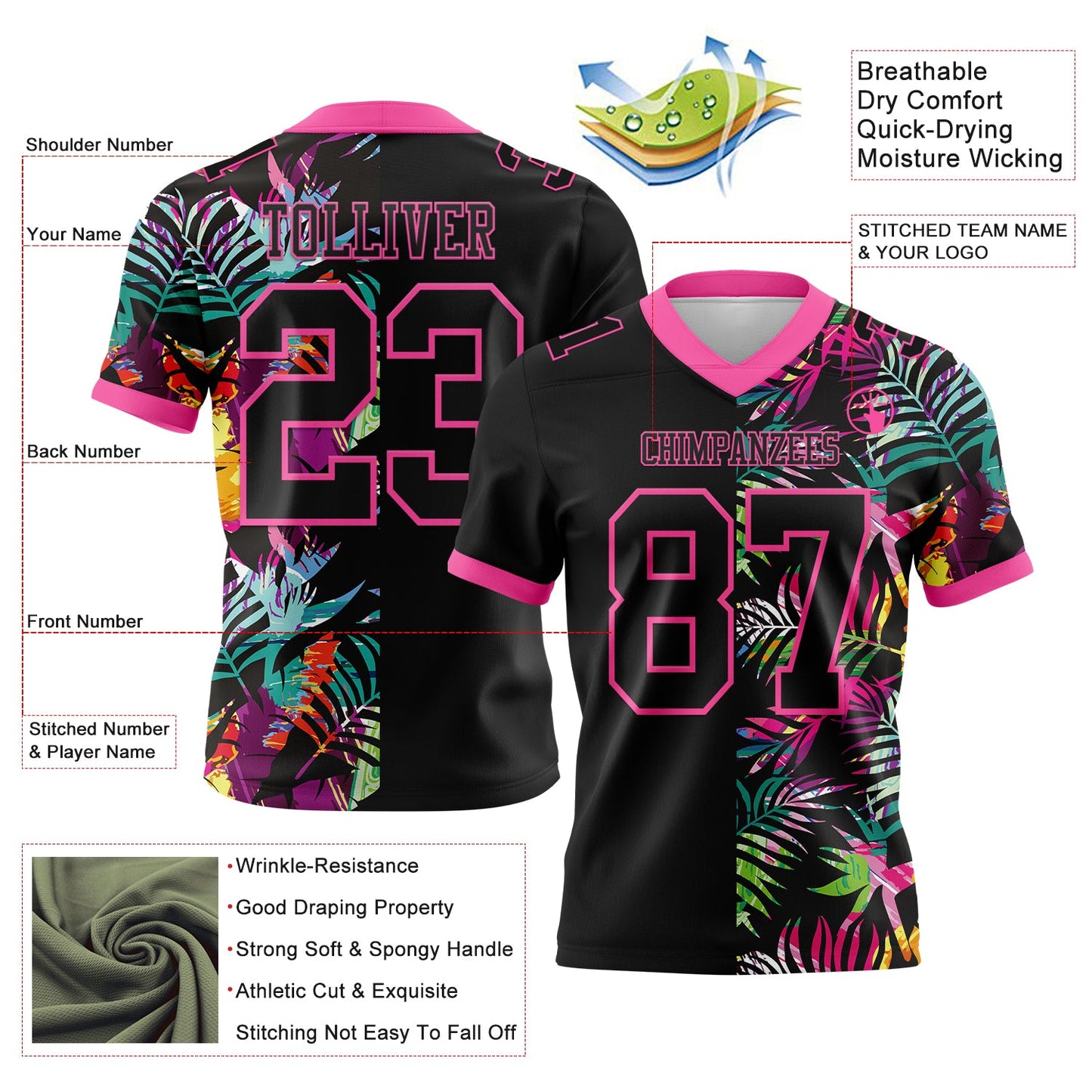 Custom Black Pink 3D Pattern Tropical Palm Leaves Mesh Authentic Football Jersey