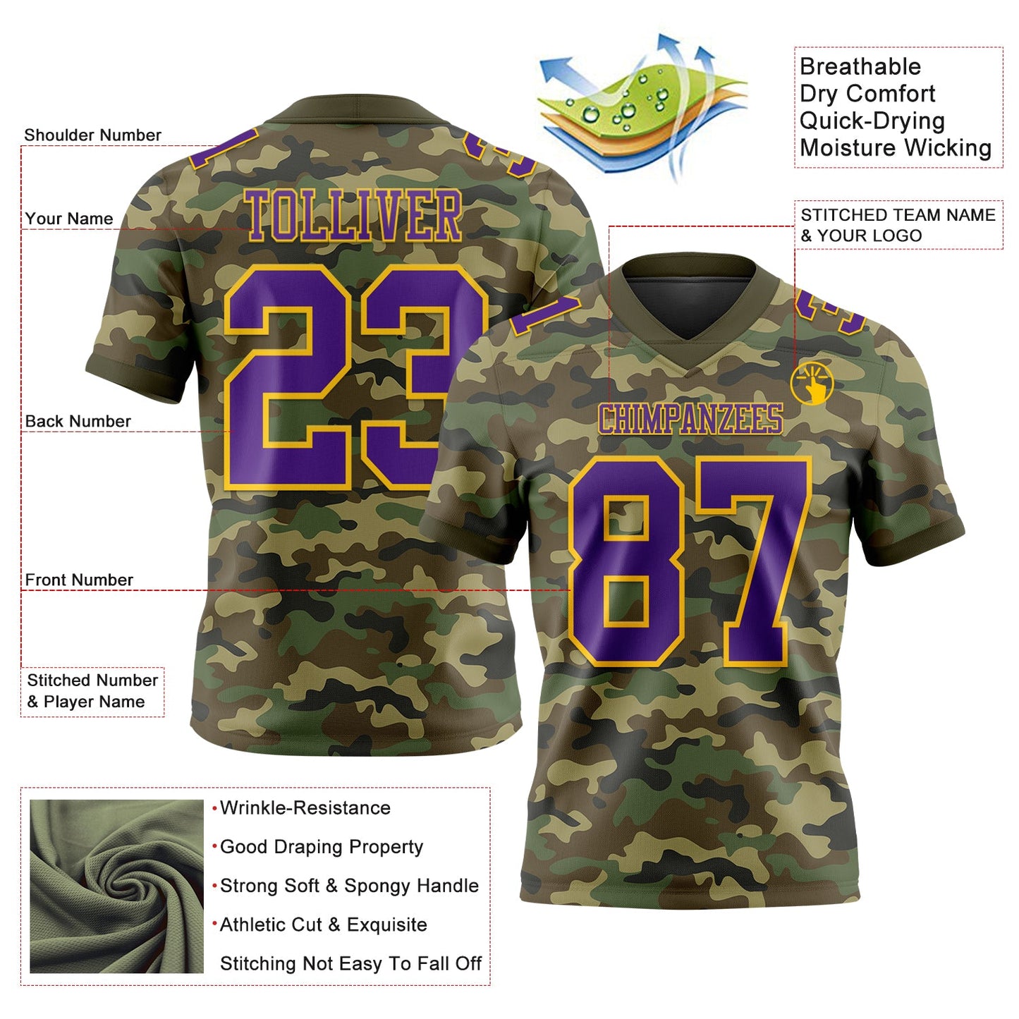Custom Camo Purple-Yellow 3D Pattern Salute To Service Mesh Authentic Football Jersey