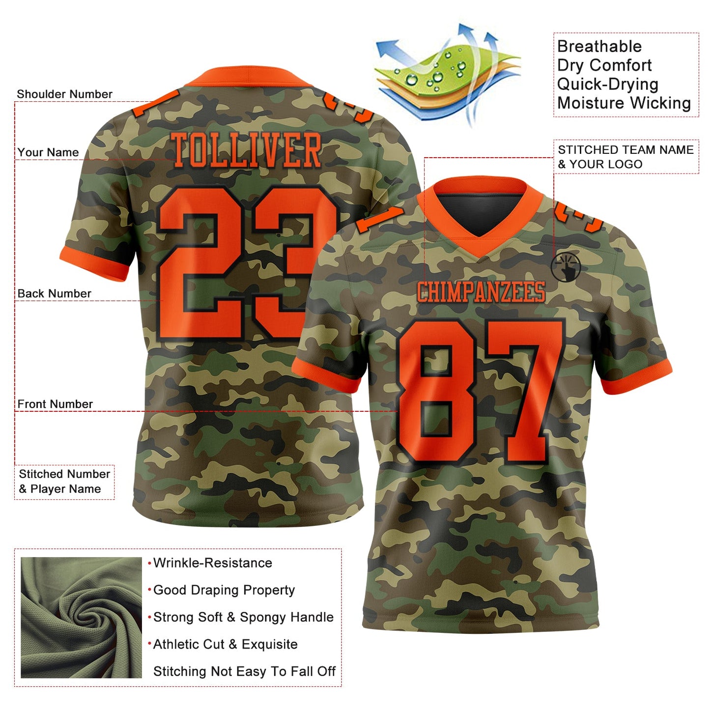 Custom Camo Orange-Black 3D Pattern Salute To Service Mesh Authentic Football Jersey