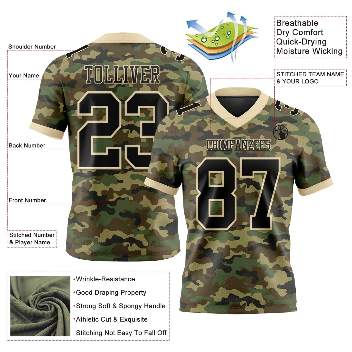 Custom Camo Black-Cream 3D Pattern Salute To Service Mesh Authentic Football Jersey