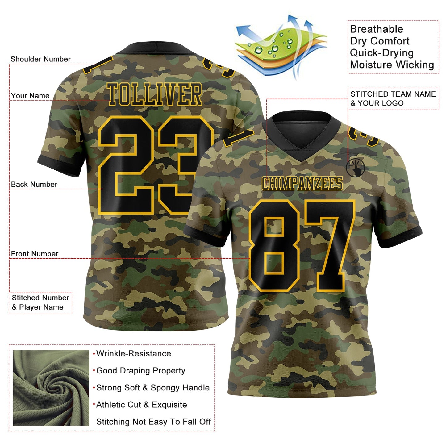 Custom Camo Black-Yellow 3D Pattern Salute To Service Mesh Authentic Football Jersey