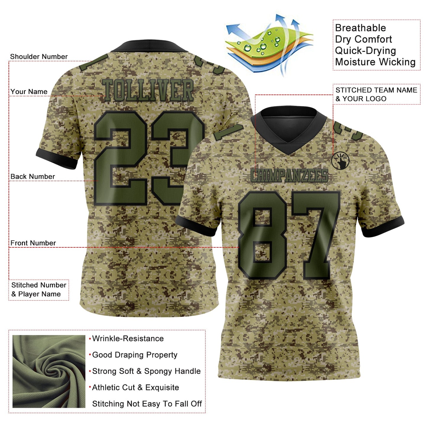 Custom Camo Olive-Black 3D Pattern Salute To Service Mesh Authentic Football Jersey