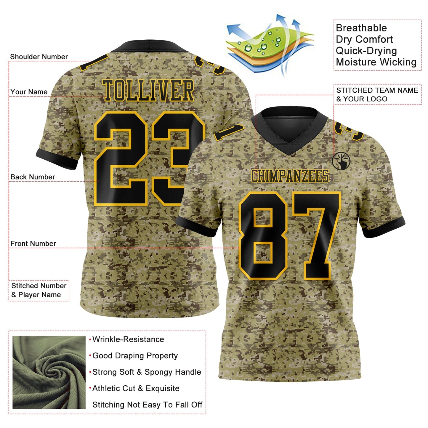 Custom Camo Black-Yellow 3D Pattern Salute To Service Mesh Authentic Football Jersey