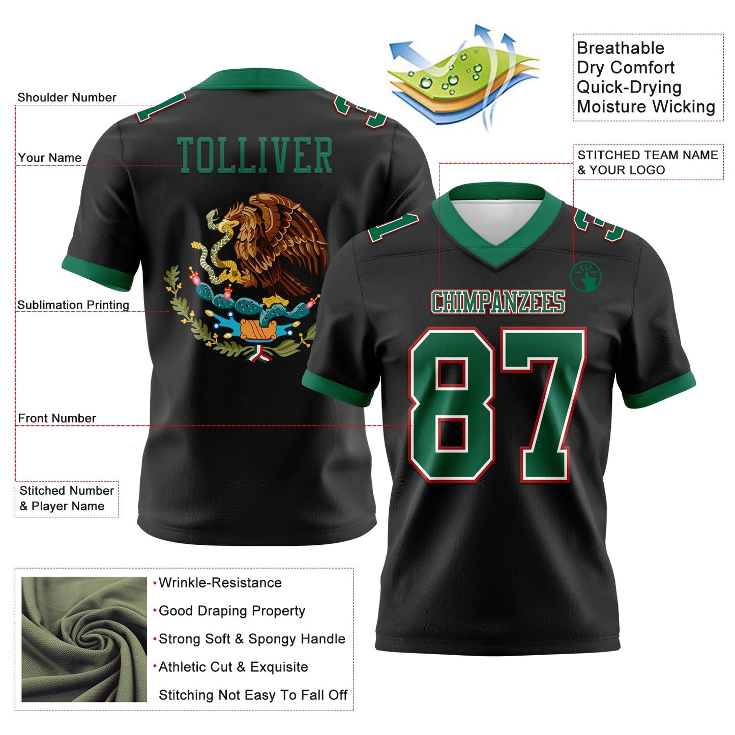 Custom Black Kelly Green White-Red 3D Pattern Mexico Mesh Authentic Football Jersey