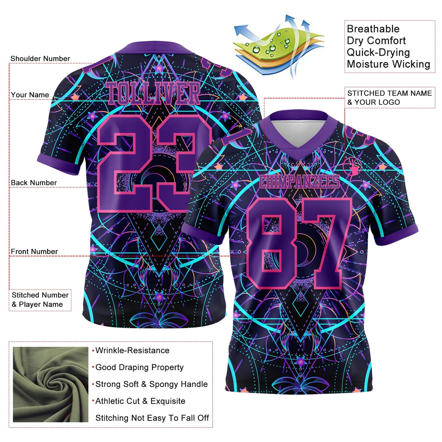 Custom Black Purple-Pink 3D Pattern Magic Mushrooms Over Sacred Geometry Psychedelic Hallucination Mesh Authentic Football Jersey