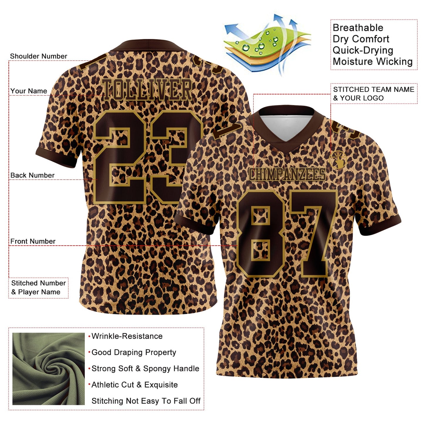 Custom Brown Old Gold 3D Pattern Leopard Print Mesh Authentic Football Jersey