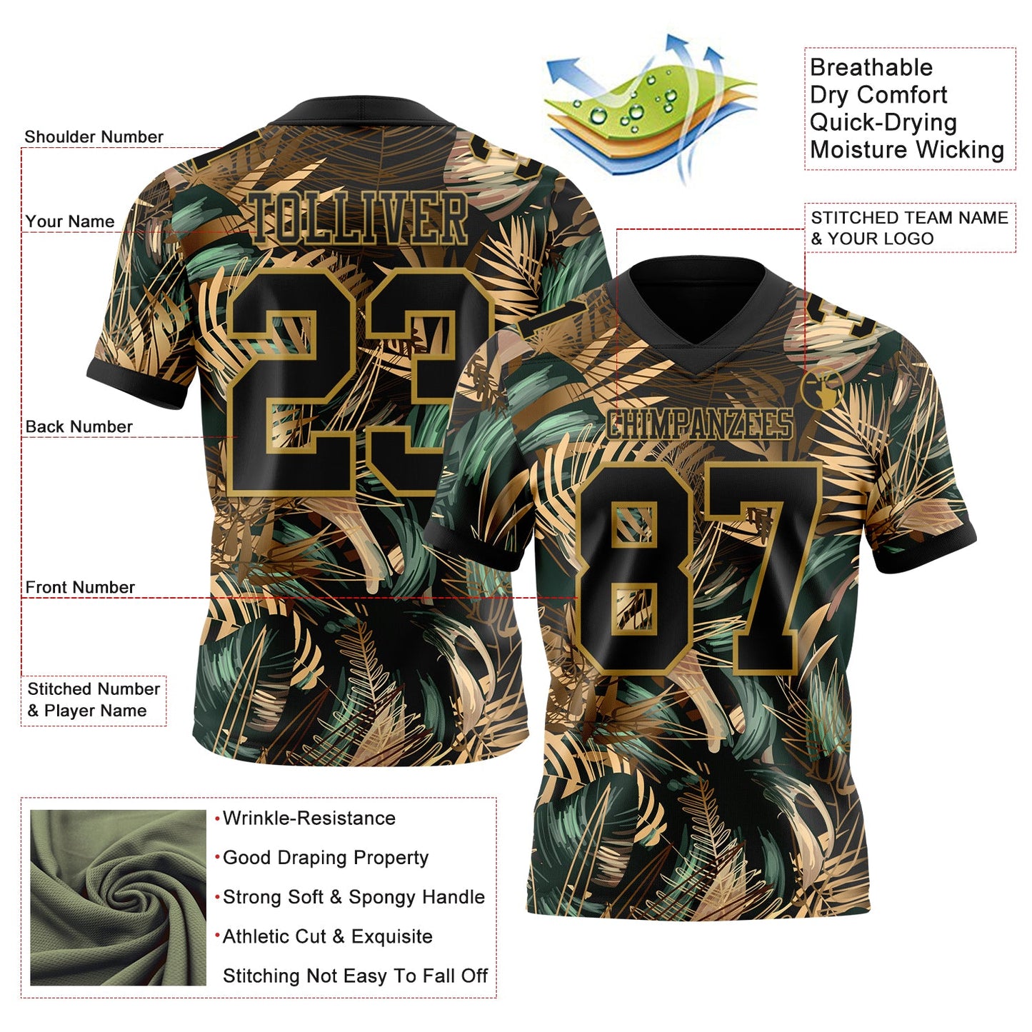 Custom Black Old Gold 3D Pattern Tropical Hawaii Jungle Leaves Mesh Authentic Football Jersey