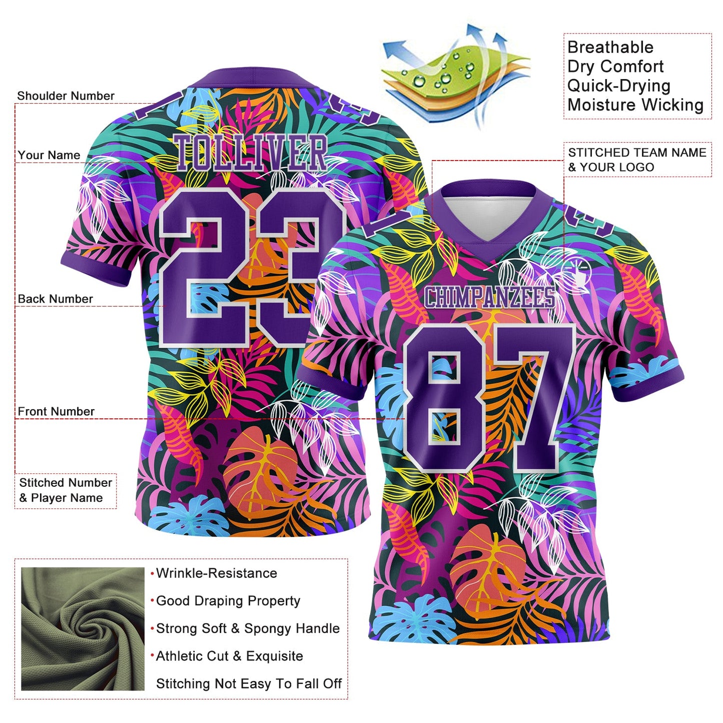 Custom Black Purple-White 3D Pattern Tropical Hawaii Jungle Leaves Mesh Authentic Football Jersey