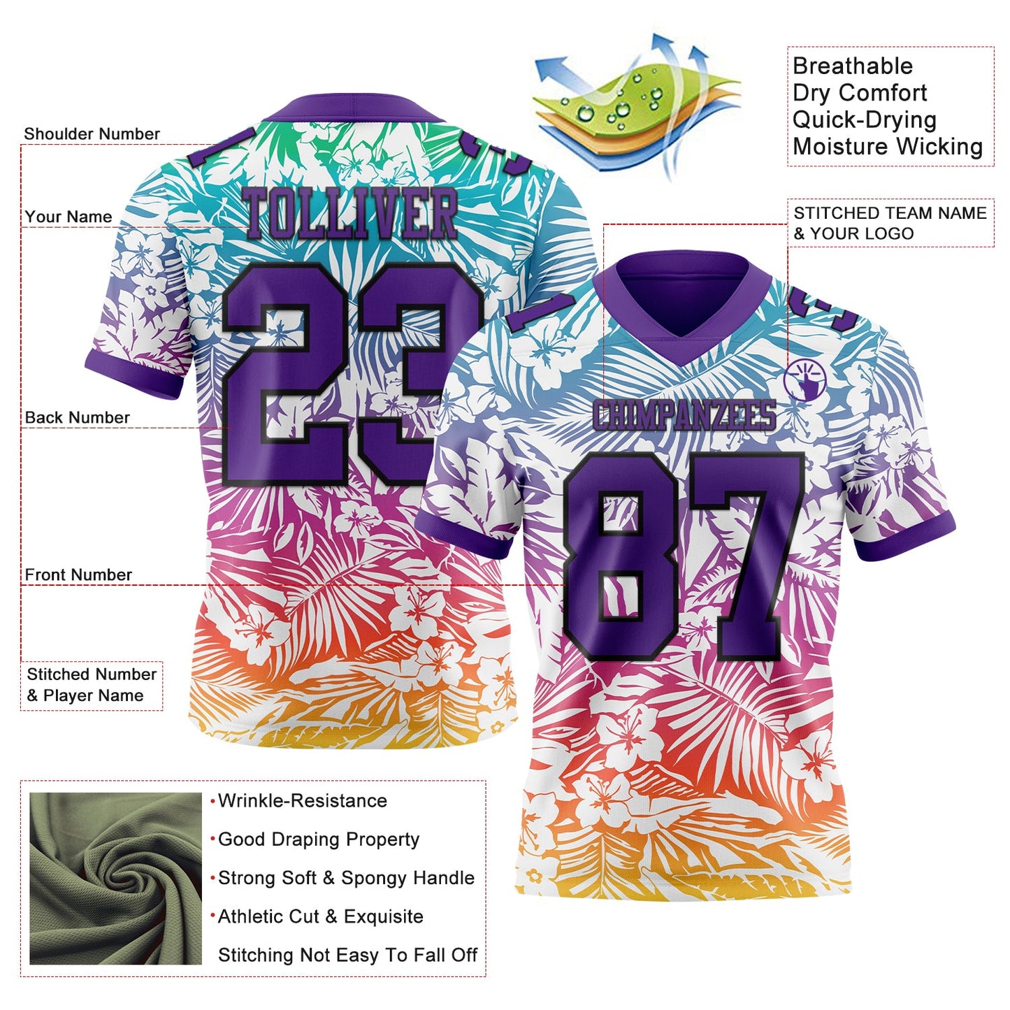 Custom White Purple-Black 3D Pattern Tropical Hawaii Jungle Leaves Mesh Authentic Football Jersey