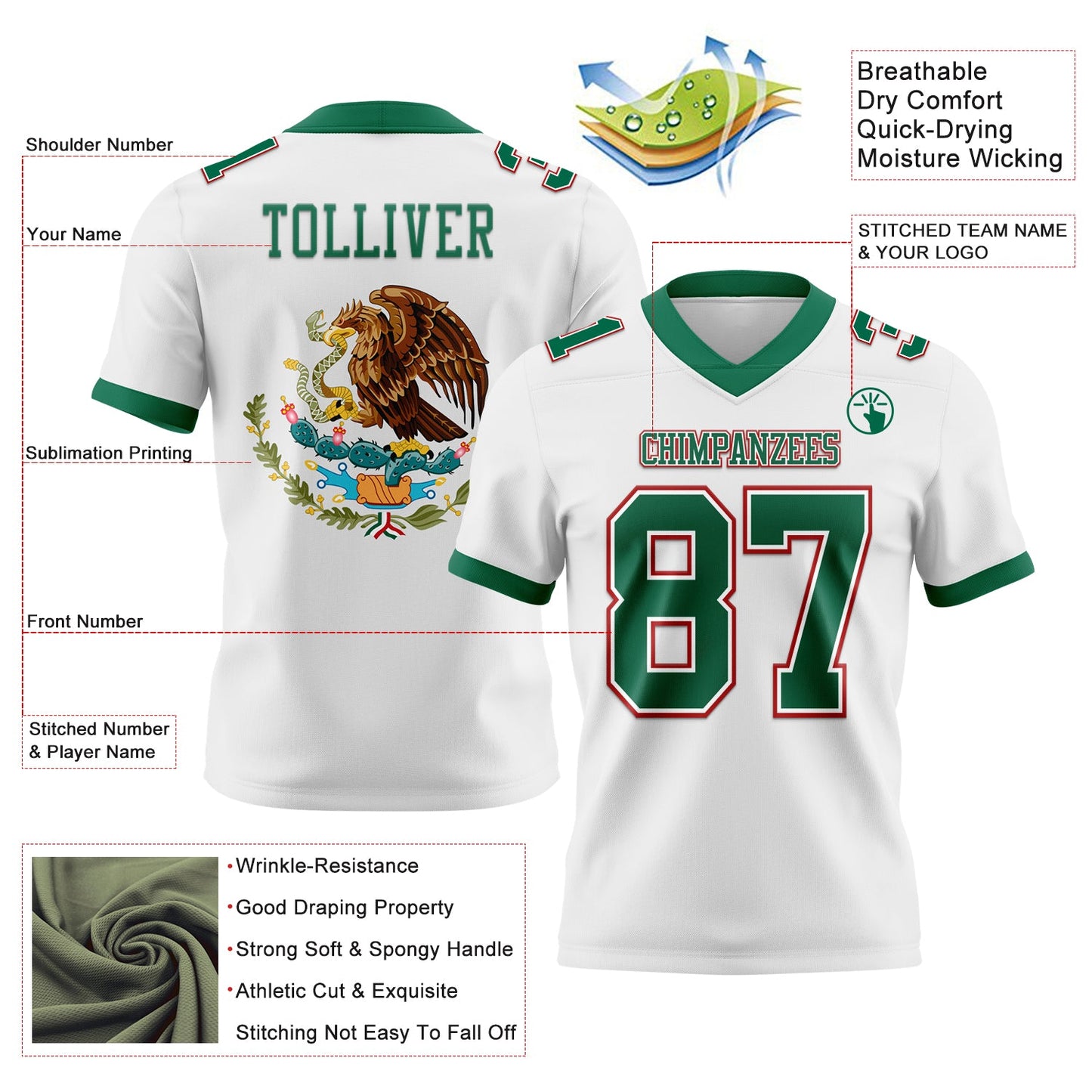 Custom White Kelly Green-Red 3D Pattern Mexico Mesh Authentic Football Jersey