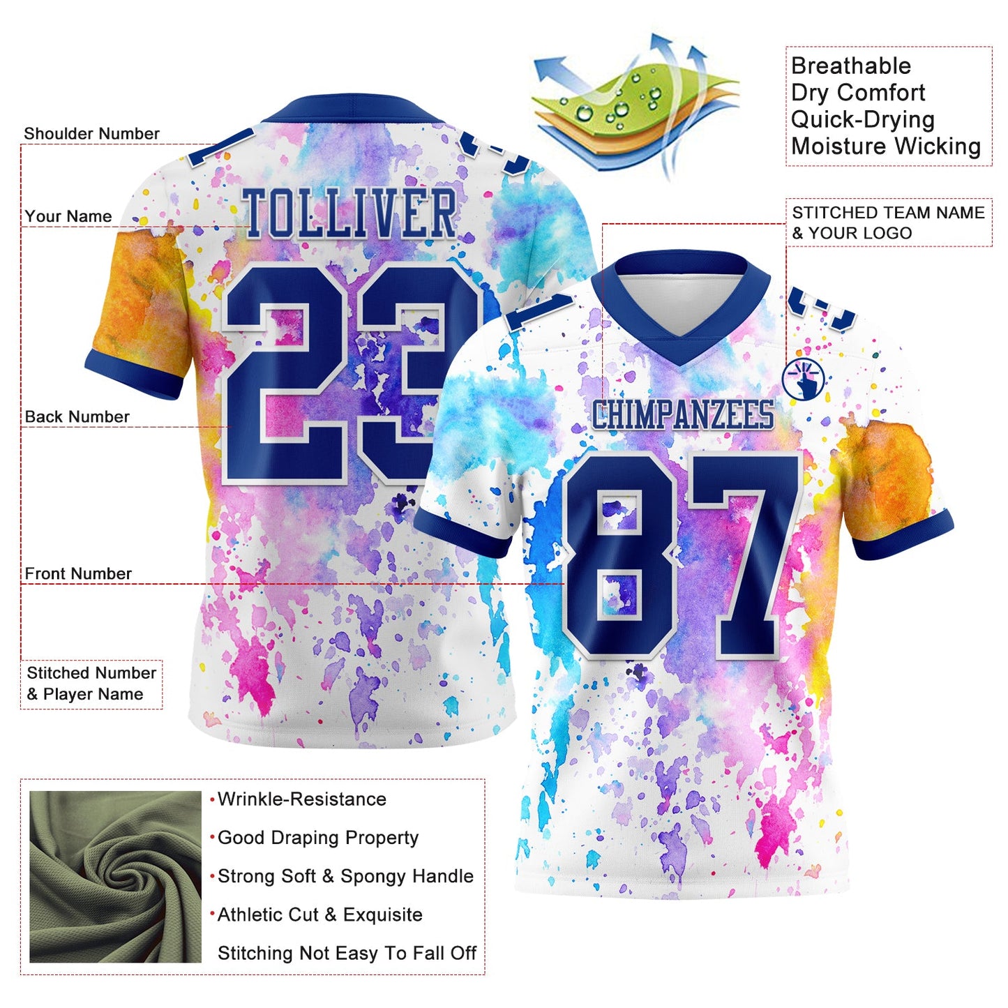 Custom White Royal 3D Pattern Watercolor Splash Mesh Authentic Football Jersey