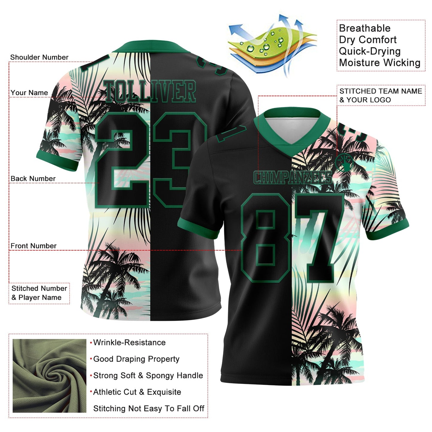 Custom Black Kelly Green 3D Pattern Tropical Hawaii Palm Leaves Mesh Authentic Football Jersey