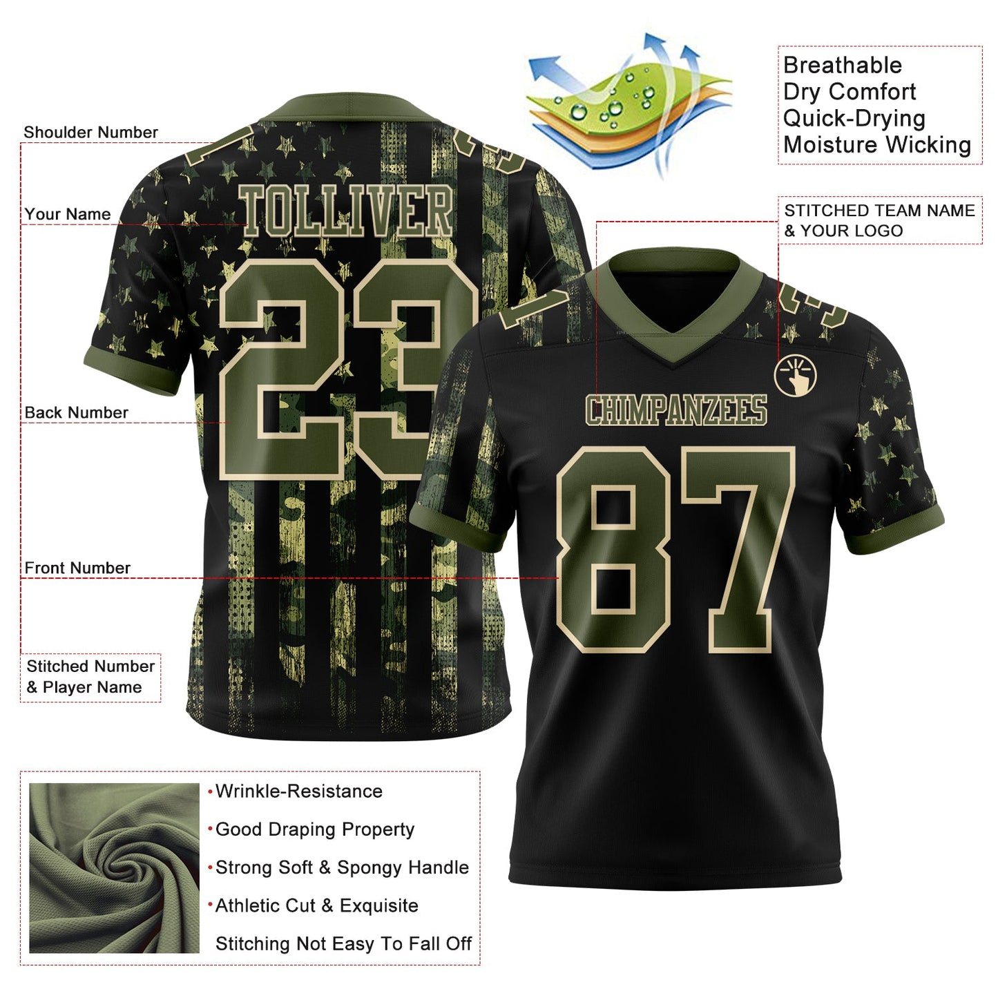 Custom Black Olive-Cream 3D Pattern American Flag Mesh Authentic Football Jersey