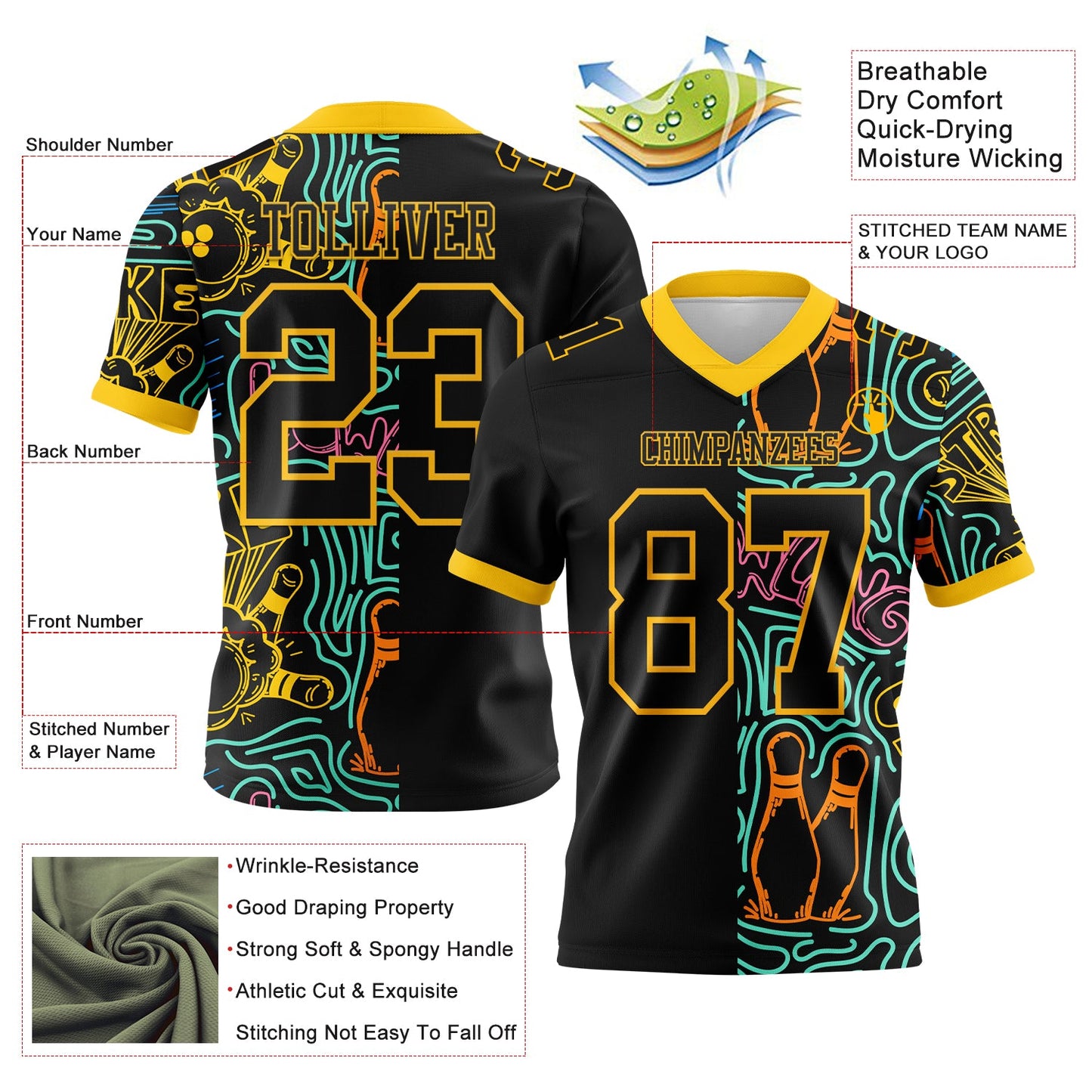 Custom Black Yellow 3D Pattern Bowling Mesh Authentic Football Jersey