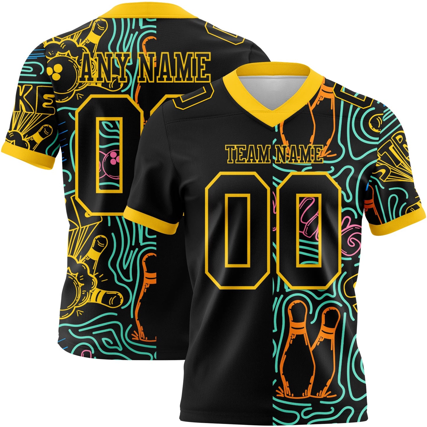 Custom Black Yellow 3D Pattern Bowling Mesh Authentic Football Jersey