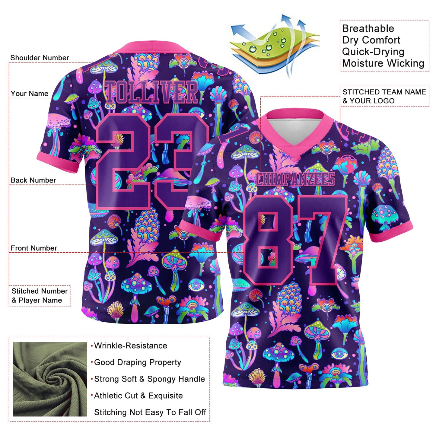 Custom Purple Pink 3D Pattern Colorful Flowers And Mushrooms Psychedelic Hallucination Mesh Authentic Football Jersey