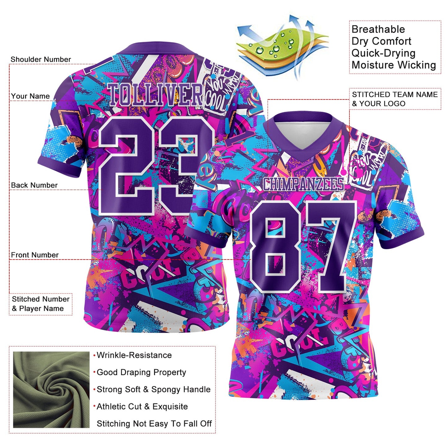 Custom Graffiti Pattern Purple-White 3D Pattern Splash Mesh Authentic Football Jersey