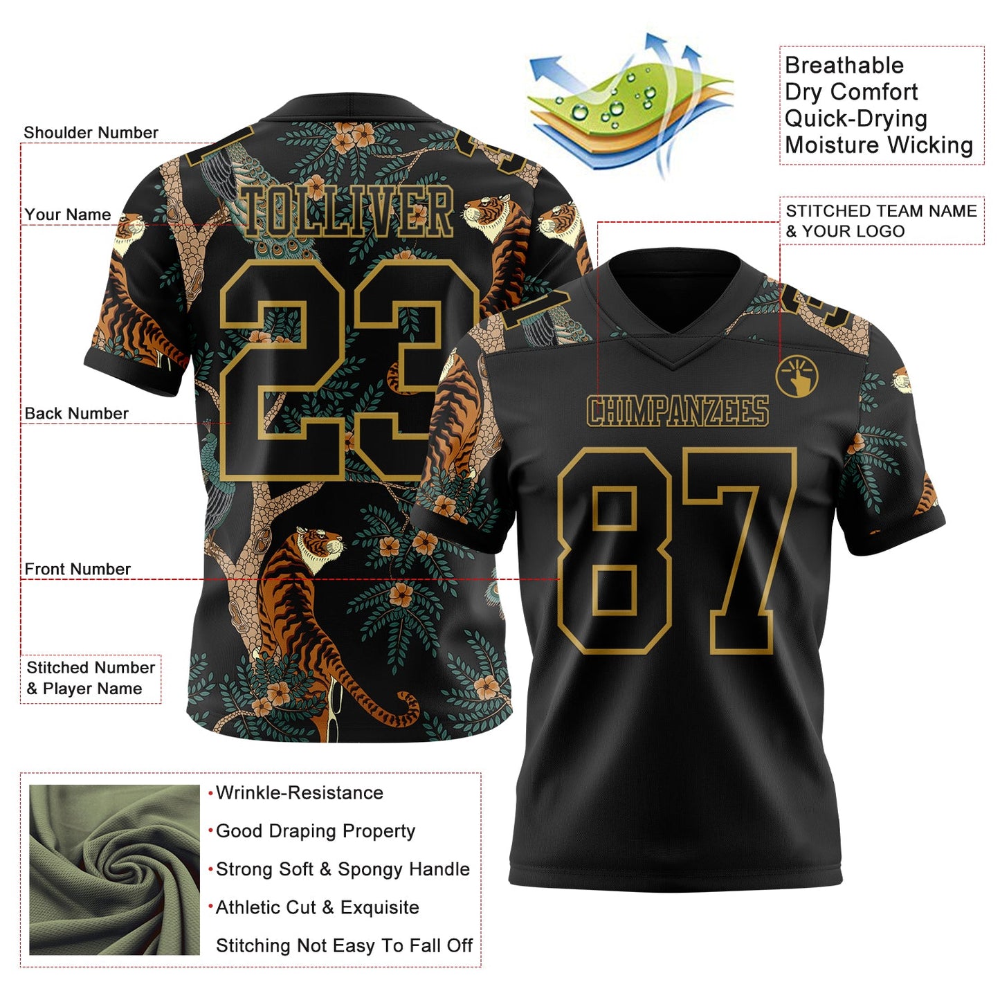 Custom Black Old Gold 3D Pattern Tiger And Peacock Mesh Authentic Football Jersey