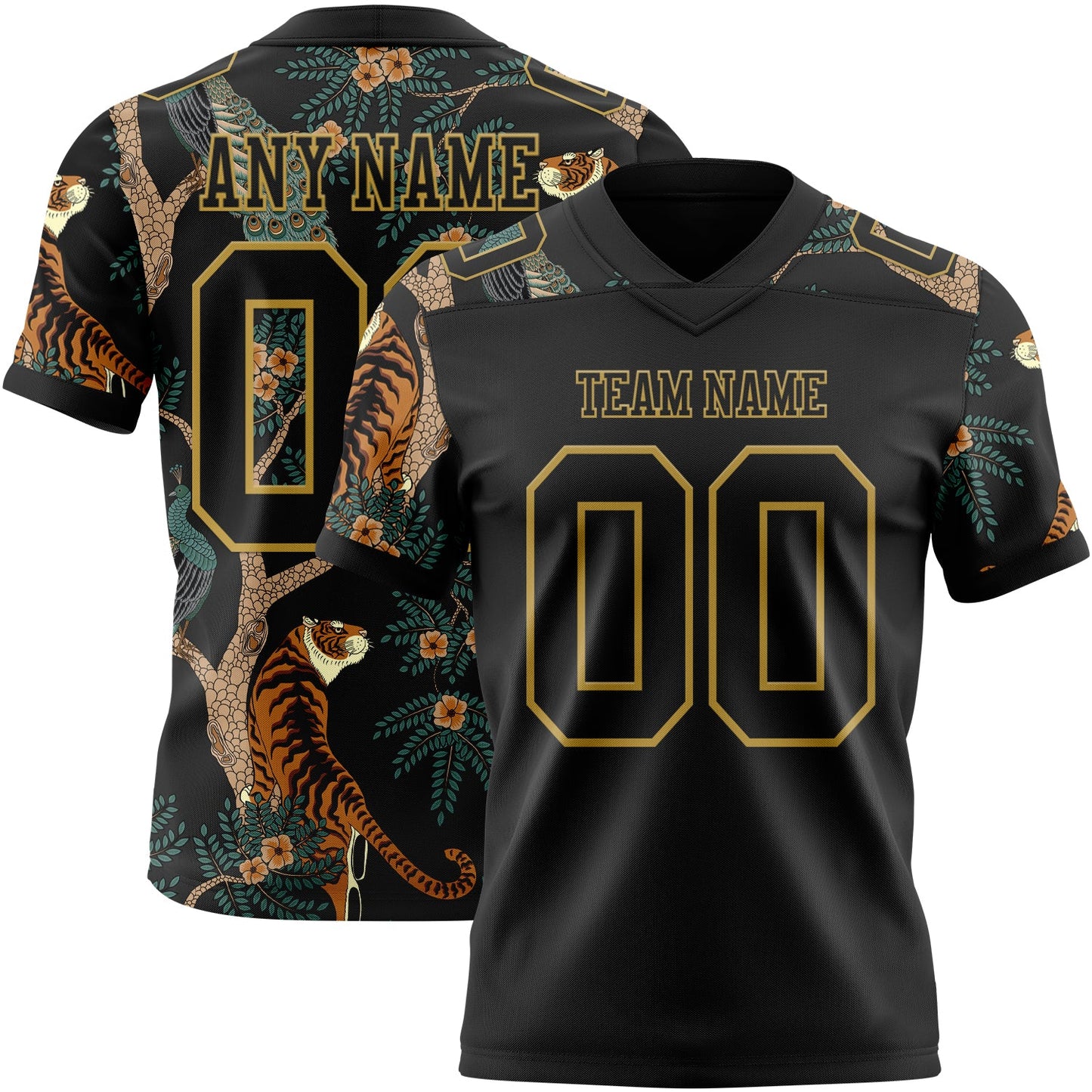 Custom Black Old Gold 3D Pattern Tiger And Peacock Mesh Authentic Football Jersey