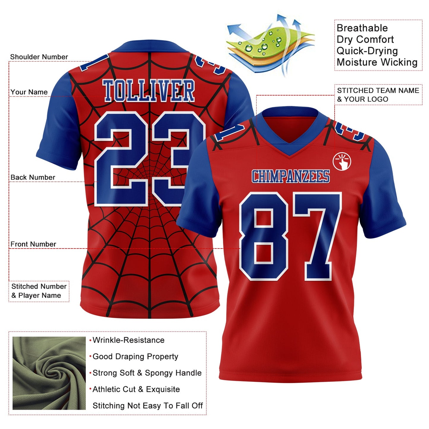 Custom Red Royal-White 3D Pattern Spider Web Mesh Authentic Football Jersey