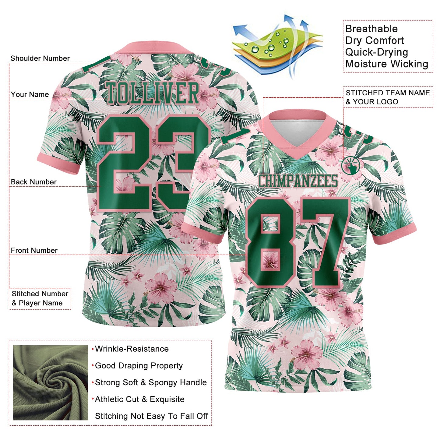 Custom Medium Pink Kelly Green 3D Pattern Hawaii Palm Leaves And Flowers Mesh Authentic Football Jersey