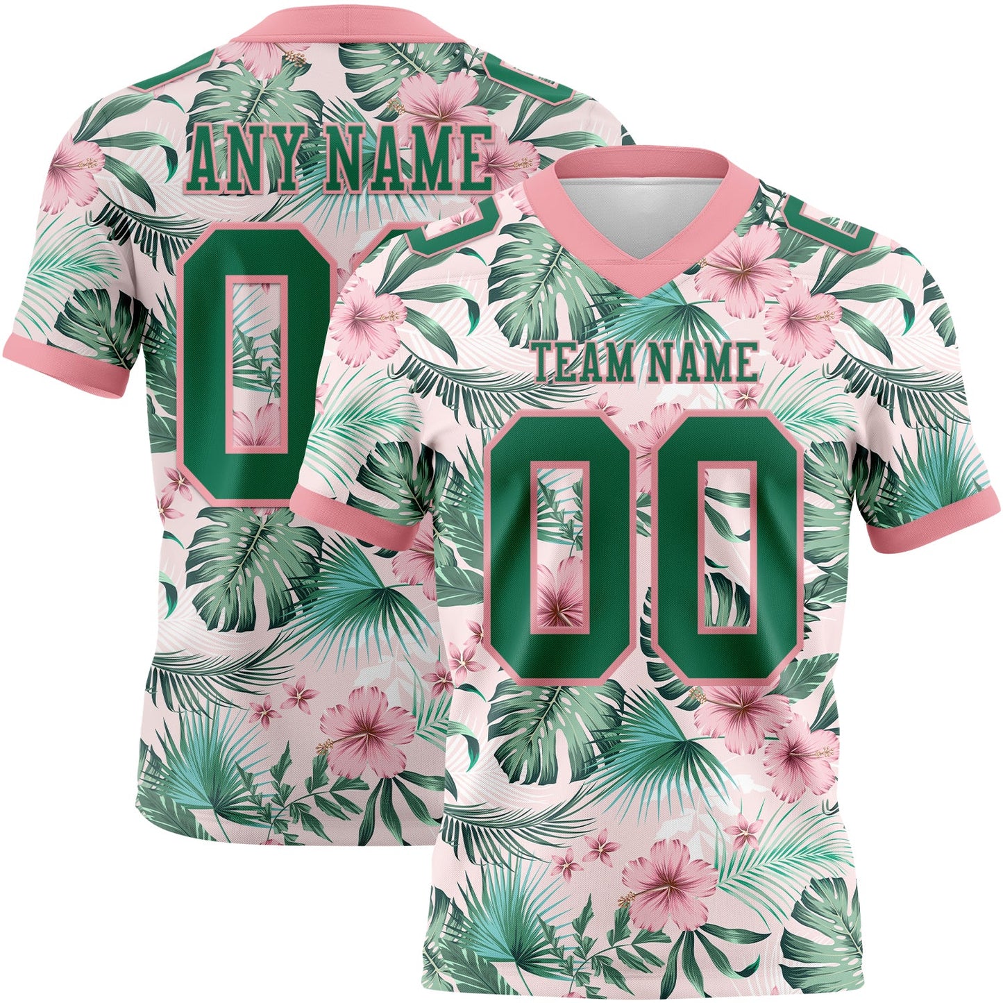 Custom Medium Pink Kelly Green 3D Pattern Hawaii Palm Leaves And Flowers Mesh Authentic Football Jersey