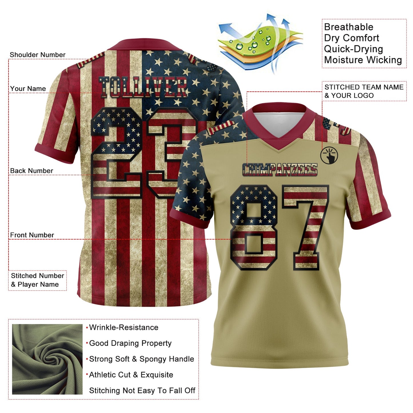 Custom Cream Vintage USA Flag Crimson-Black 3D Pattern Mesh Authentic Football Jersey