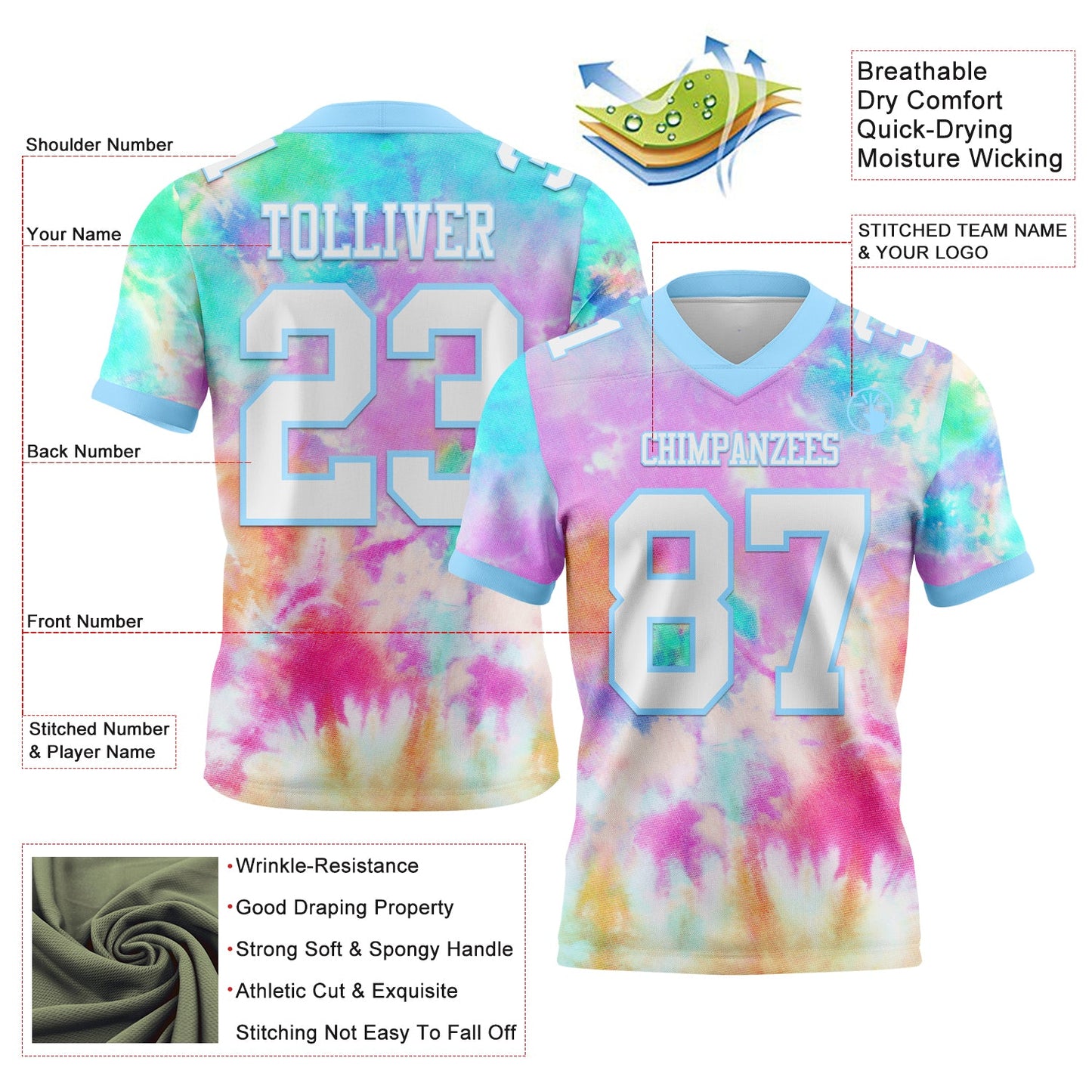 Custom Tie Dye White-Light Blue 3D Pattern Rainbow Mesh Authentic Football Jersey