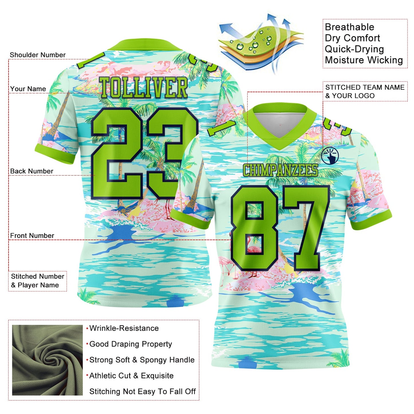 Custom Lakes Blue Neon Green-Navy 3D Pattern Beach Hawaii Palm Trees And Flamingo Mesh Authentic Football Jersey