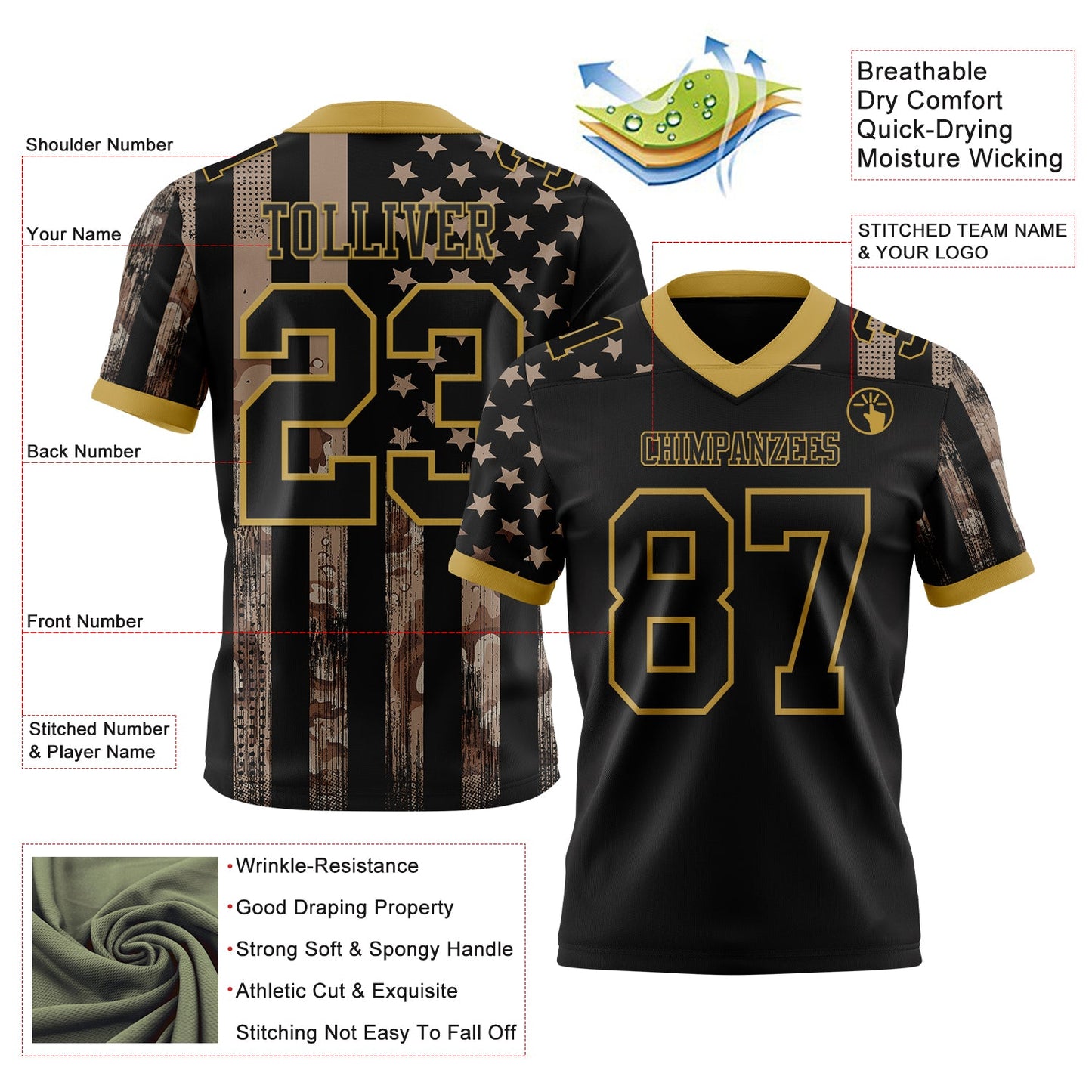 Custom Black Old Gold 3D Pattern American Flag Mesh Authentic Football Jersey