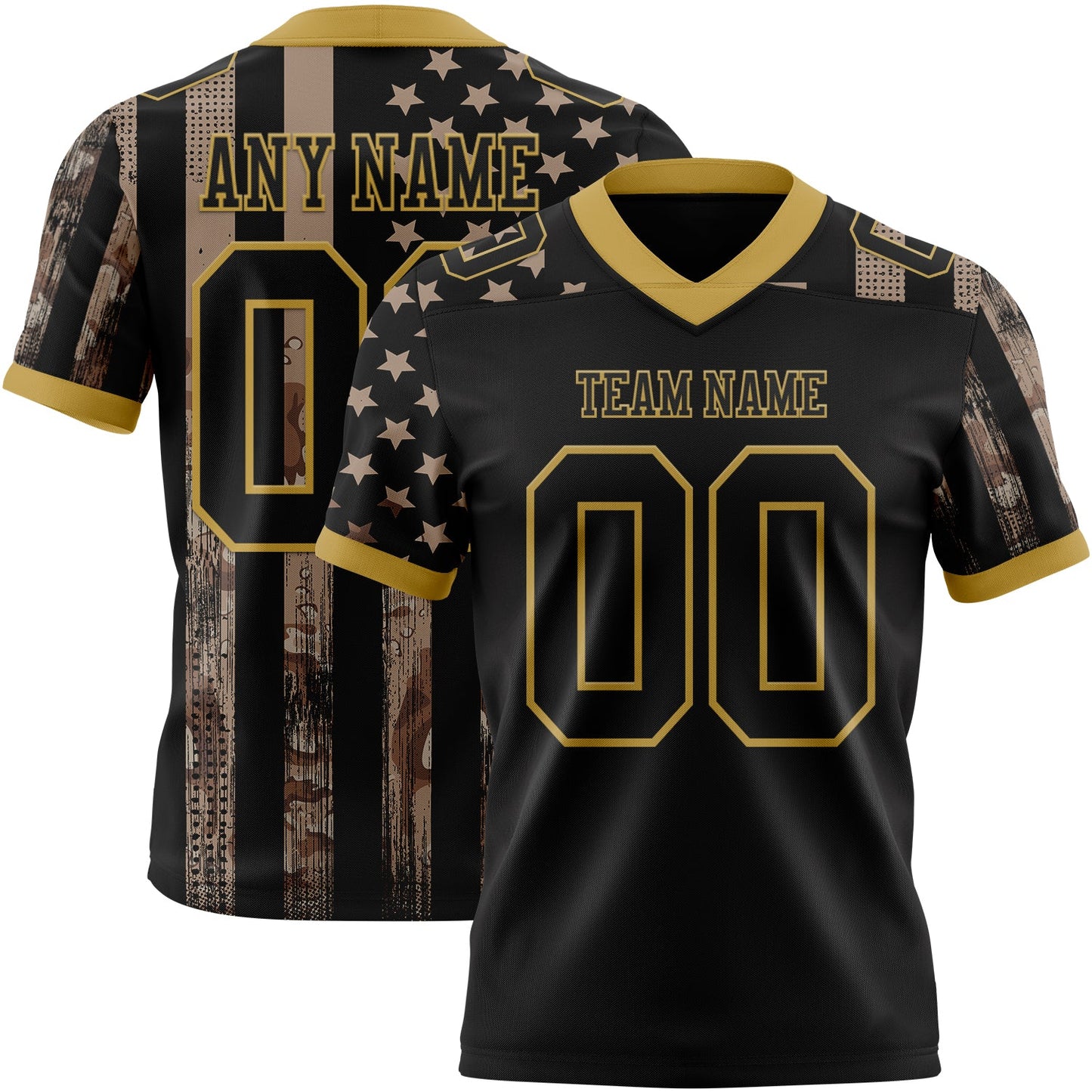Custom Black Old Gold 3D Pattern American Flag Mesh Authentic Football Jersey