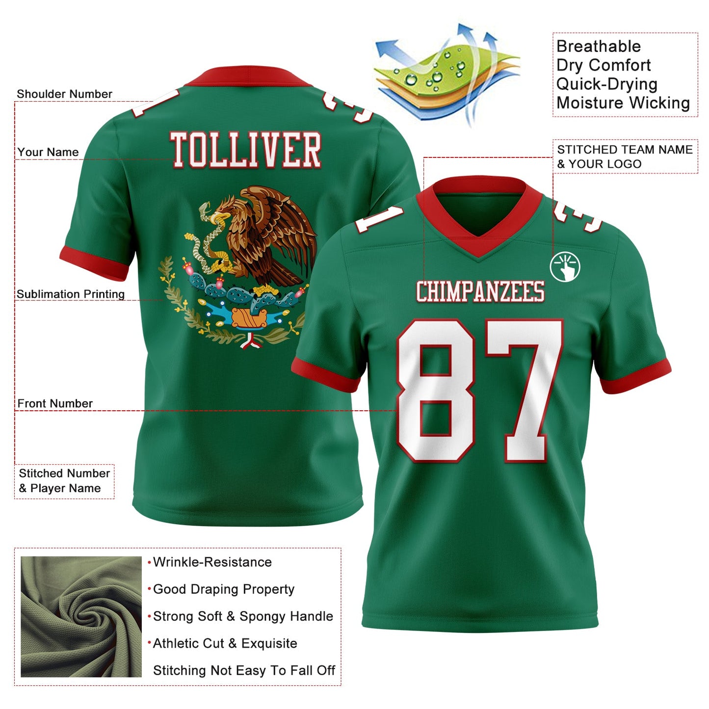 Custom Kelly Green White-Red 3D Pattern Mexico Mesh Authentic Football Jersey
