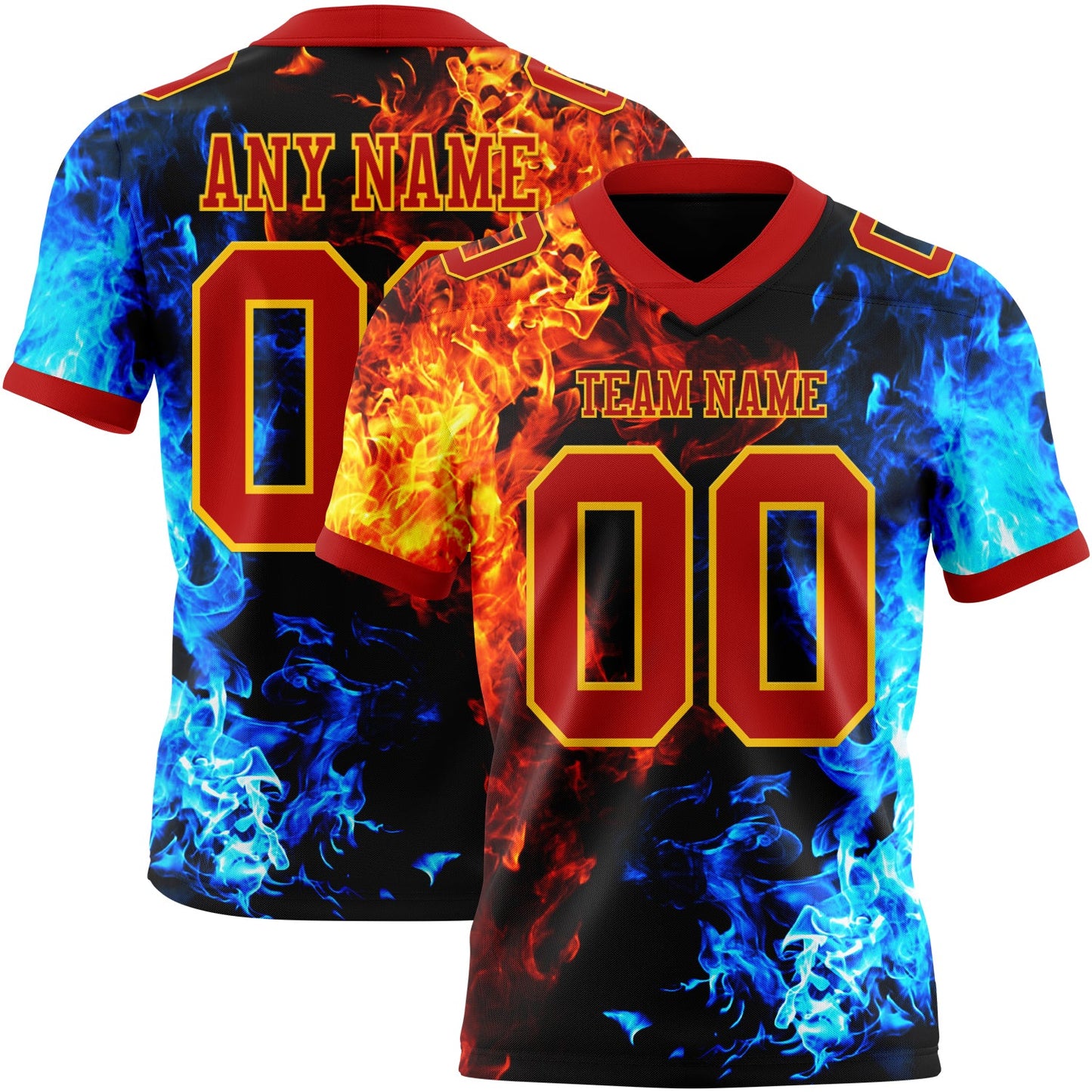 Custom Red Gold 3D Pattern Flame Mesh Authentic Football Jersey