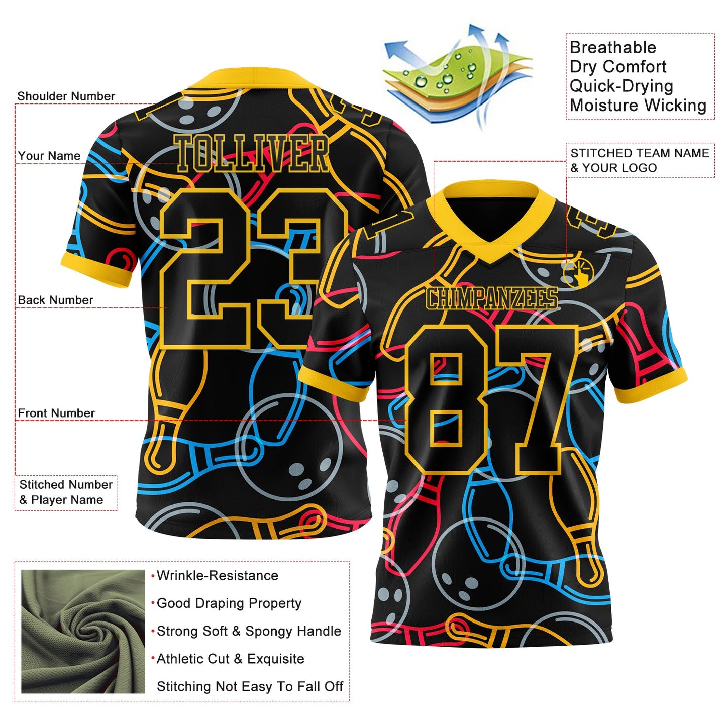 Custom Black Yellow 3D Pattern Bowling Mesh Authentic Football Jersey
