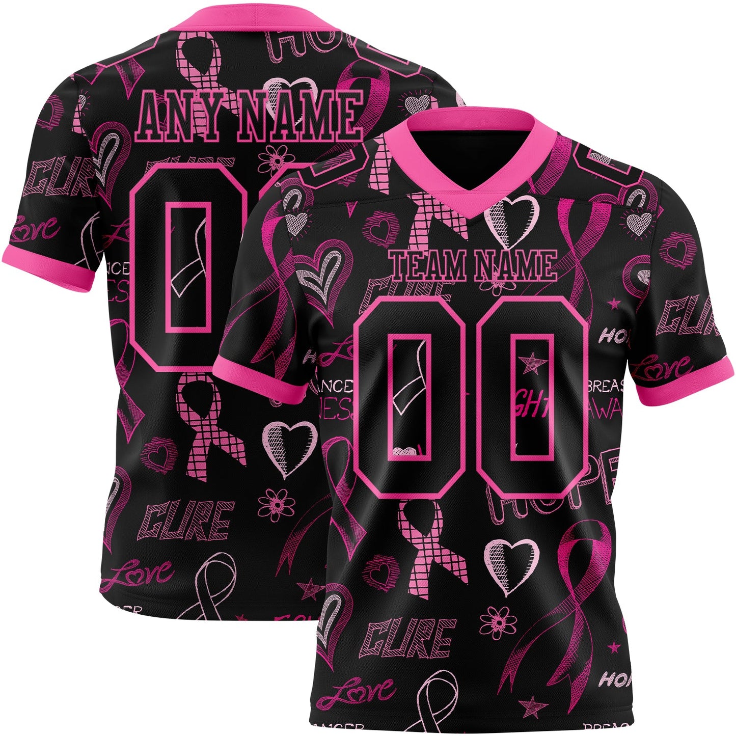 Custom Black Pink 3D Pattern Pink Ribbon Breast Cancer Awareness Month Women Health Care Support Mesh Authentic Football Jersey