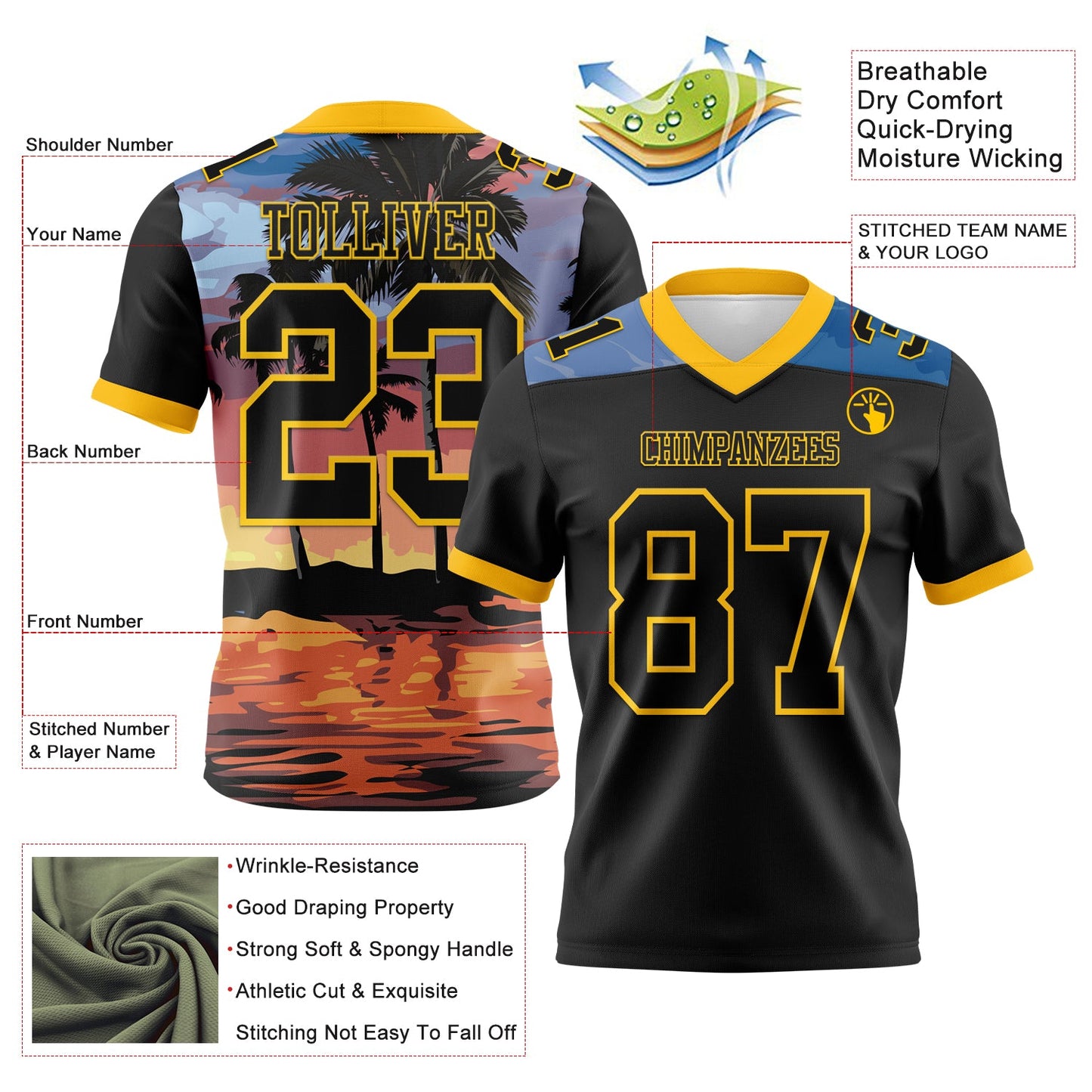 Custom Black Yellow 3D Pattern Tropical Hawaii Palm Trees Mesh Authentic Football Jersey