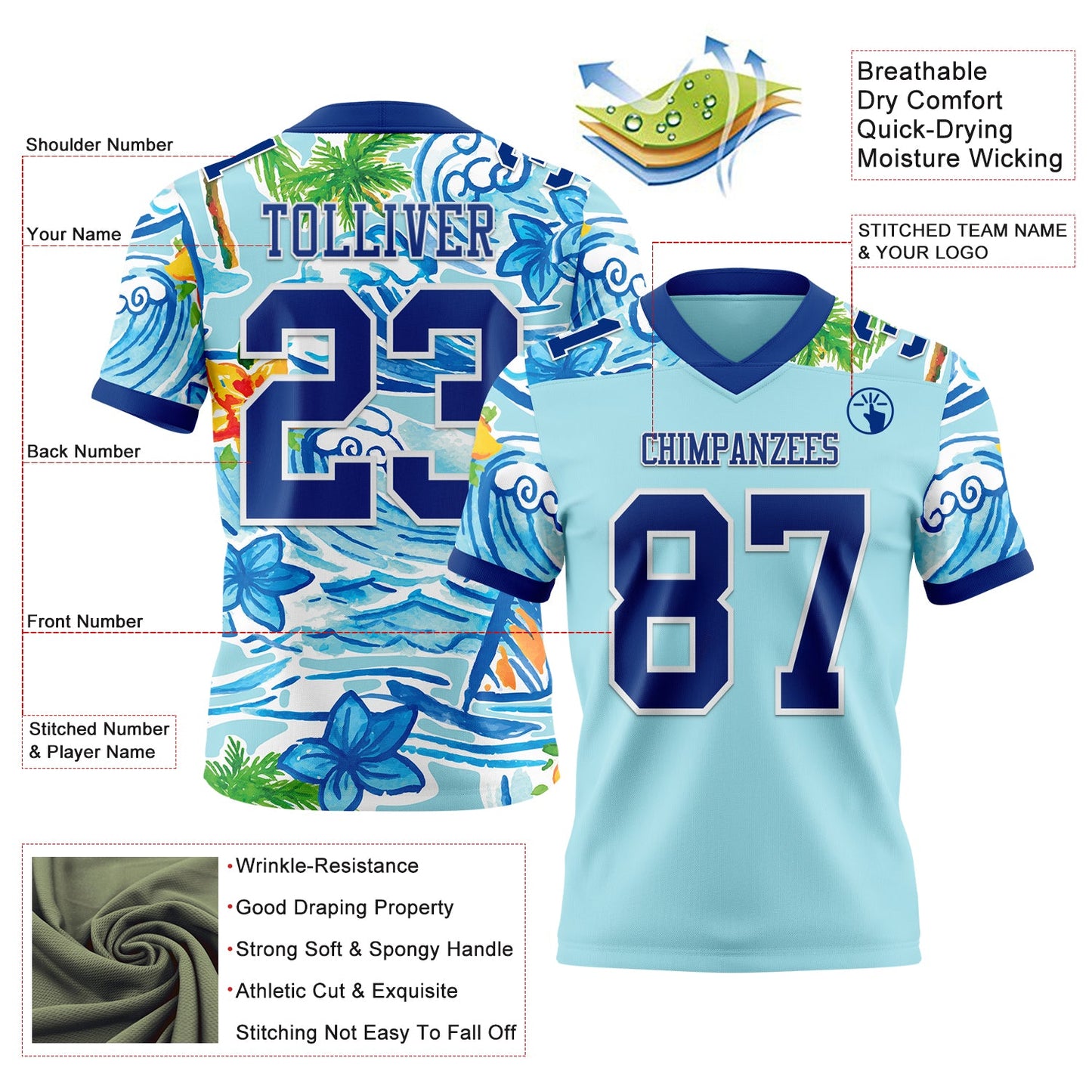 Custom Ice Blue Royal-White 3D Pattern Beach Hawaii Palm Trees And Flowers Mesh Authentic Football Jersey