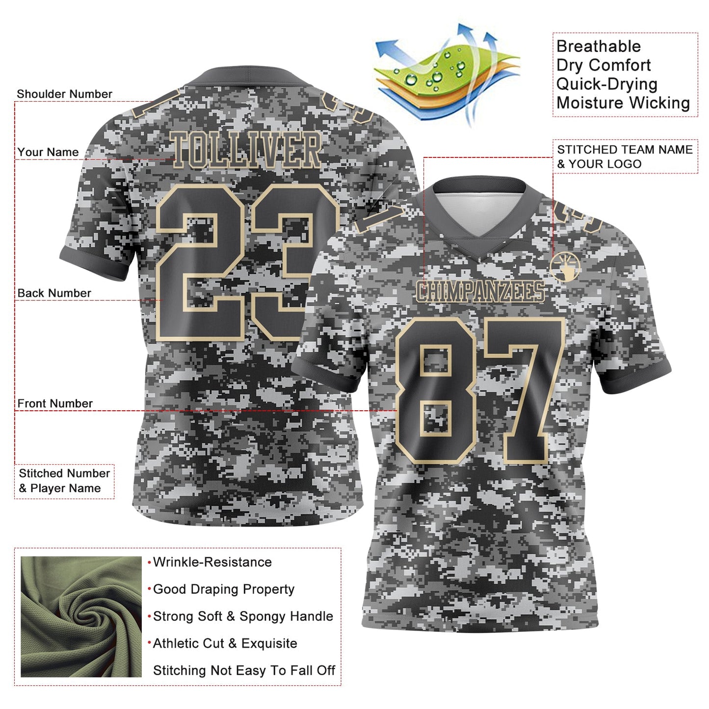 Custom Camo Steel Gray-Cream 3D Pattern Salute To Service Mesh Authentic Football Jersey