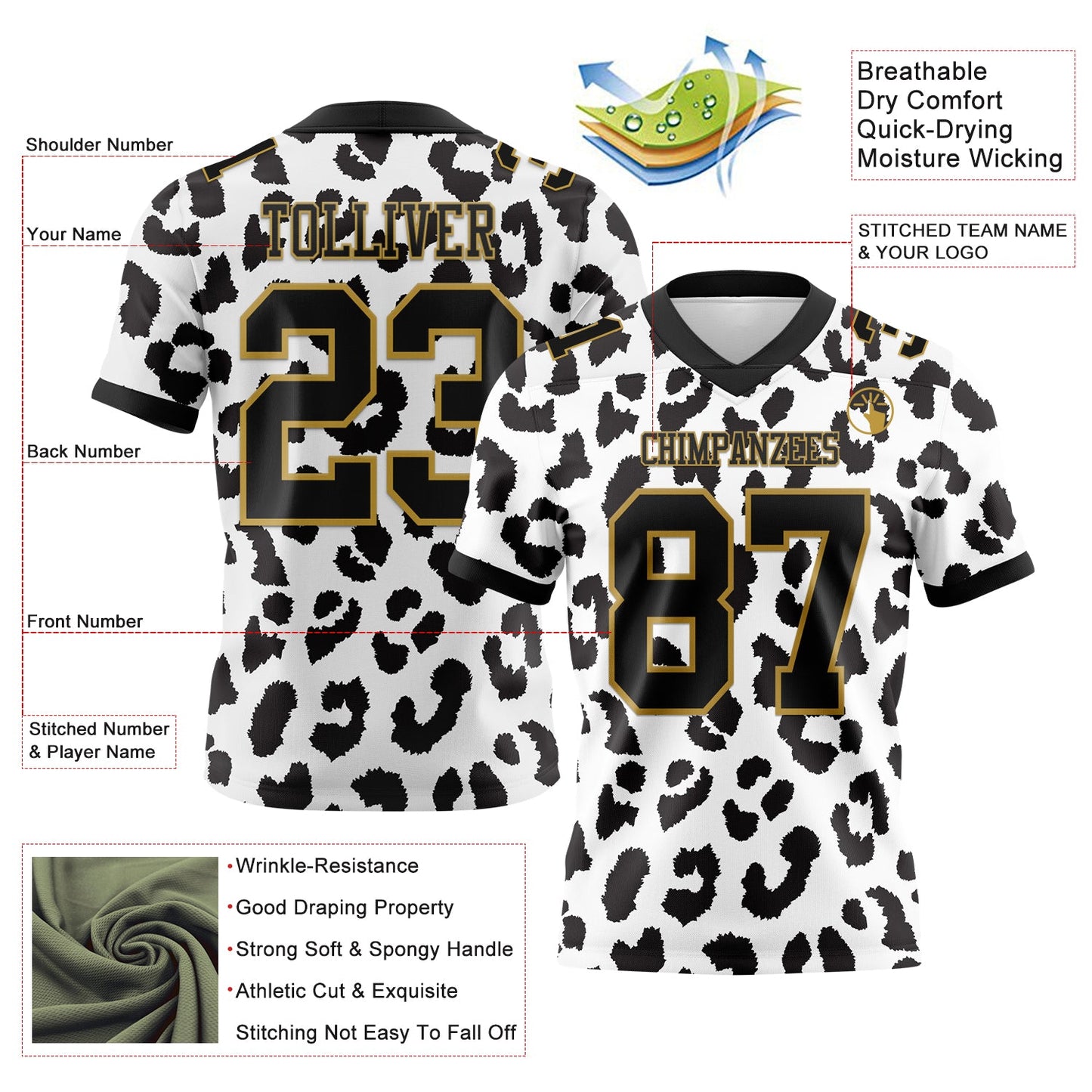 Custom White Black-Old Gold 3D Pattern Leopard Print Mesh Authentic Football Jersey