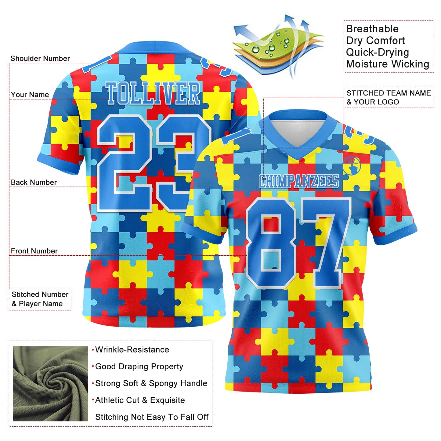 Custom Powder Blue White 3D Pattern Autism Awareness Puzzle Pieces Mesh Authentic Football Jersey