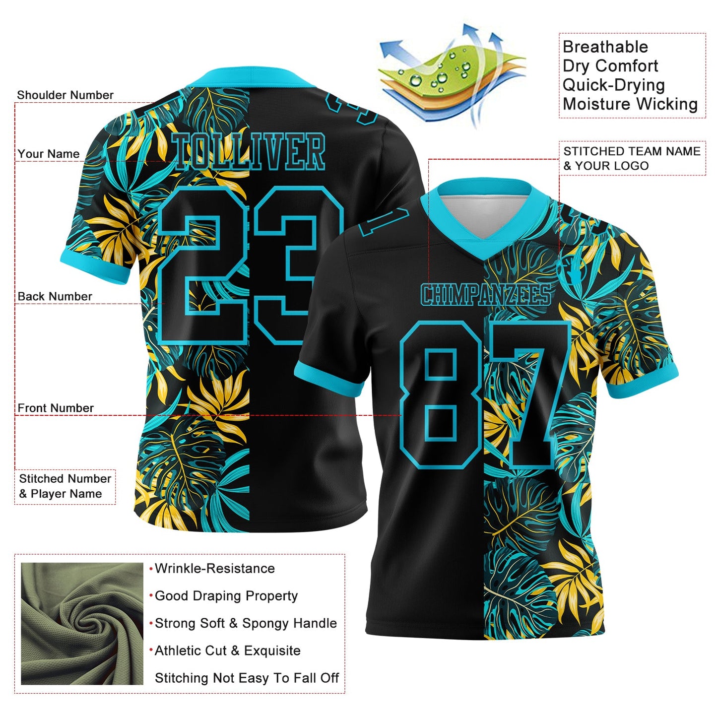 Custom Black Lakes Blue 3D Pattern Beach Tropical Hawaii Palm Leaves Mesh Authentic Football Jersey