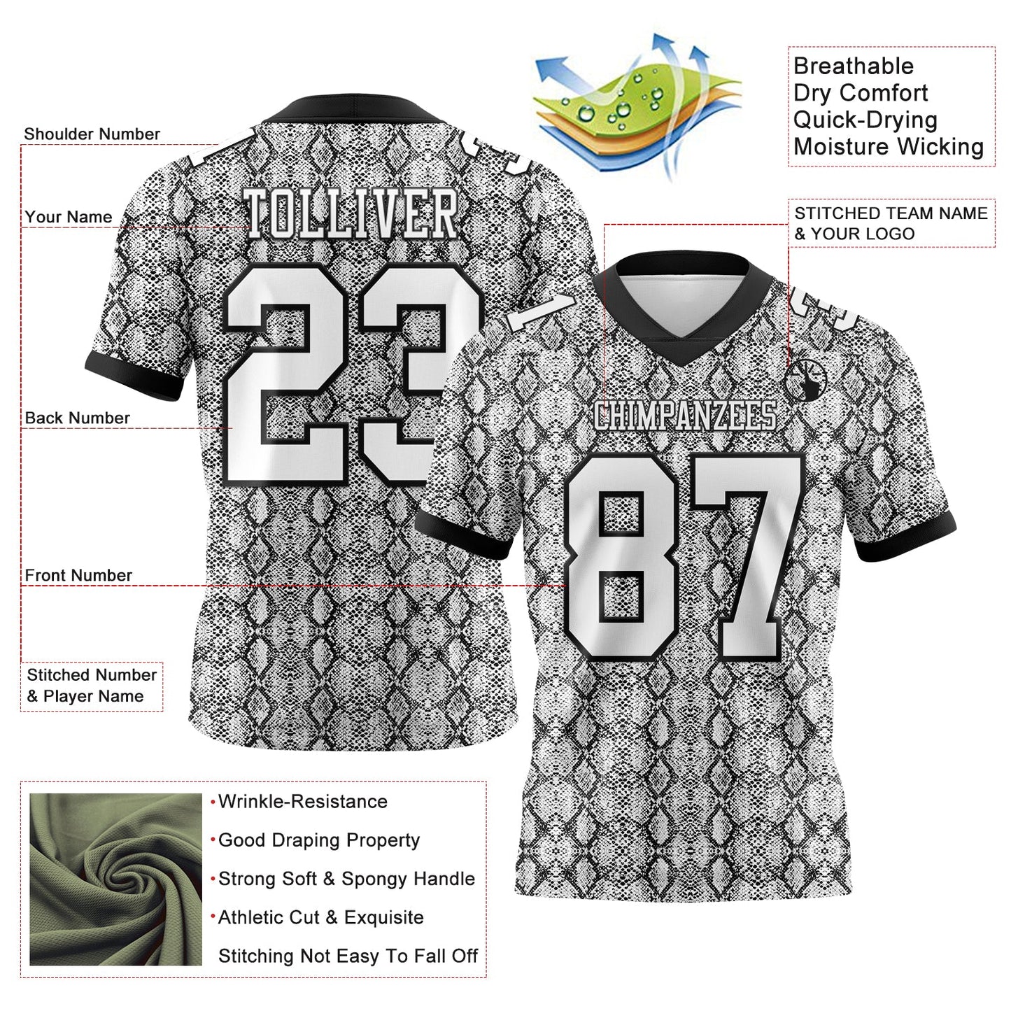 Custom White Black 3D Pattern Snakeskin Print Mesh Authentic Football Jersey
