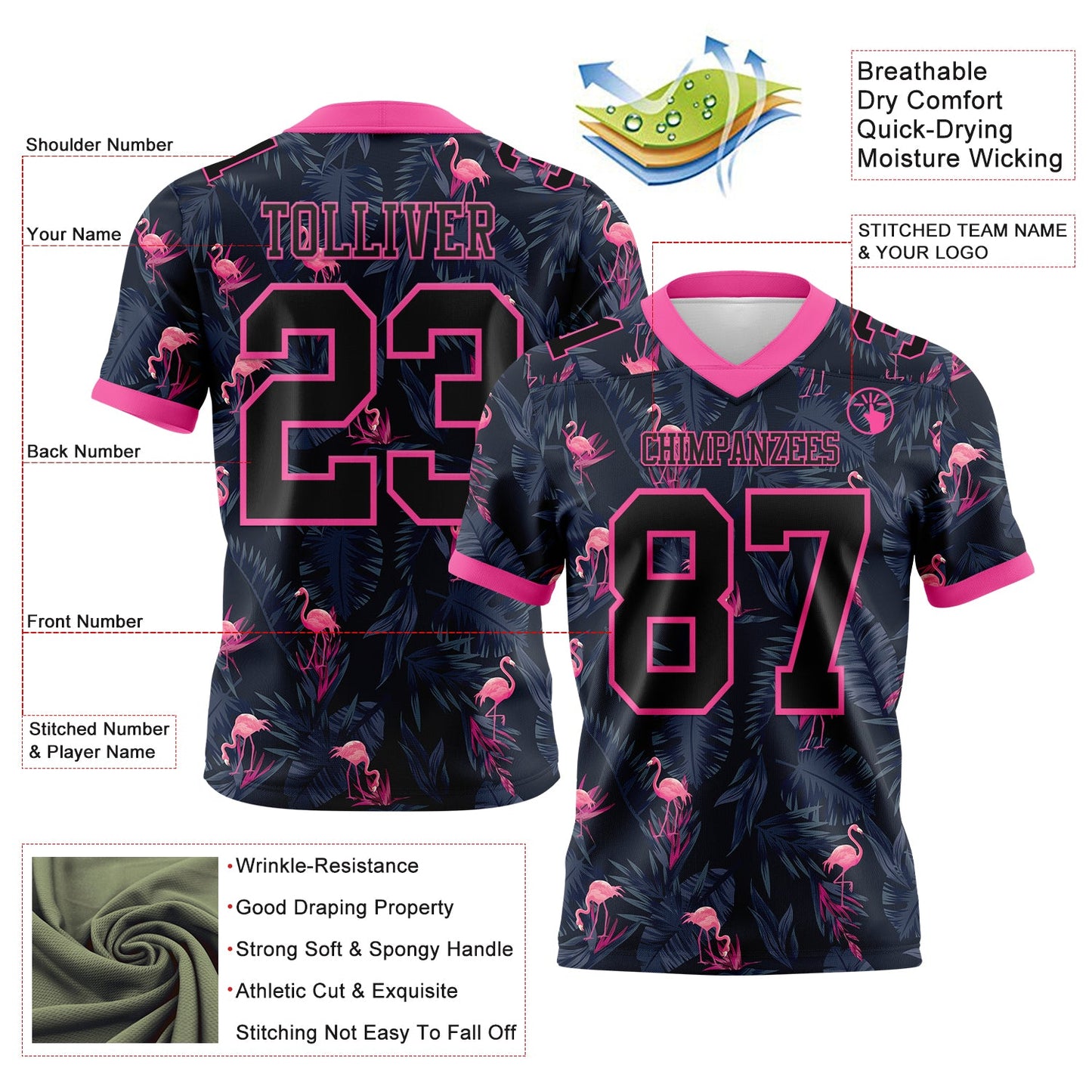 Custom Black Pink 3D Pattern Flamingo Mesh Authentic Football Jersey