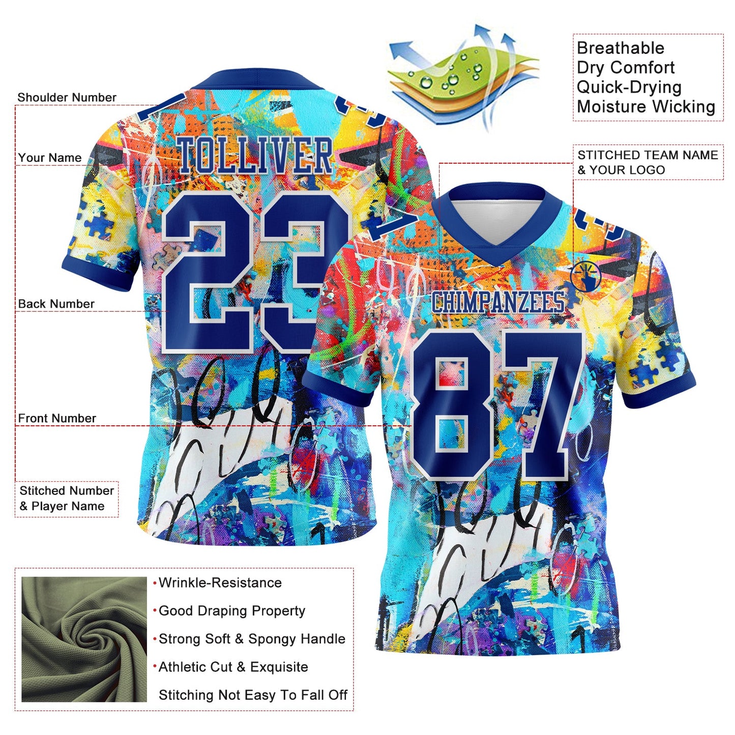 Custom Graffiti Pattern Royal-White 3D Pattern Mesh Authentic Football Jersey