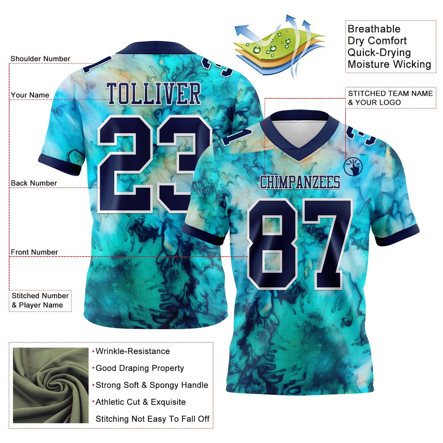 Custom Tie Dye Navy-White 3D Pattern Mesh Authentic Football Jersey