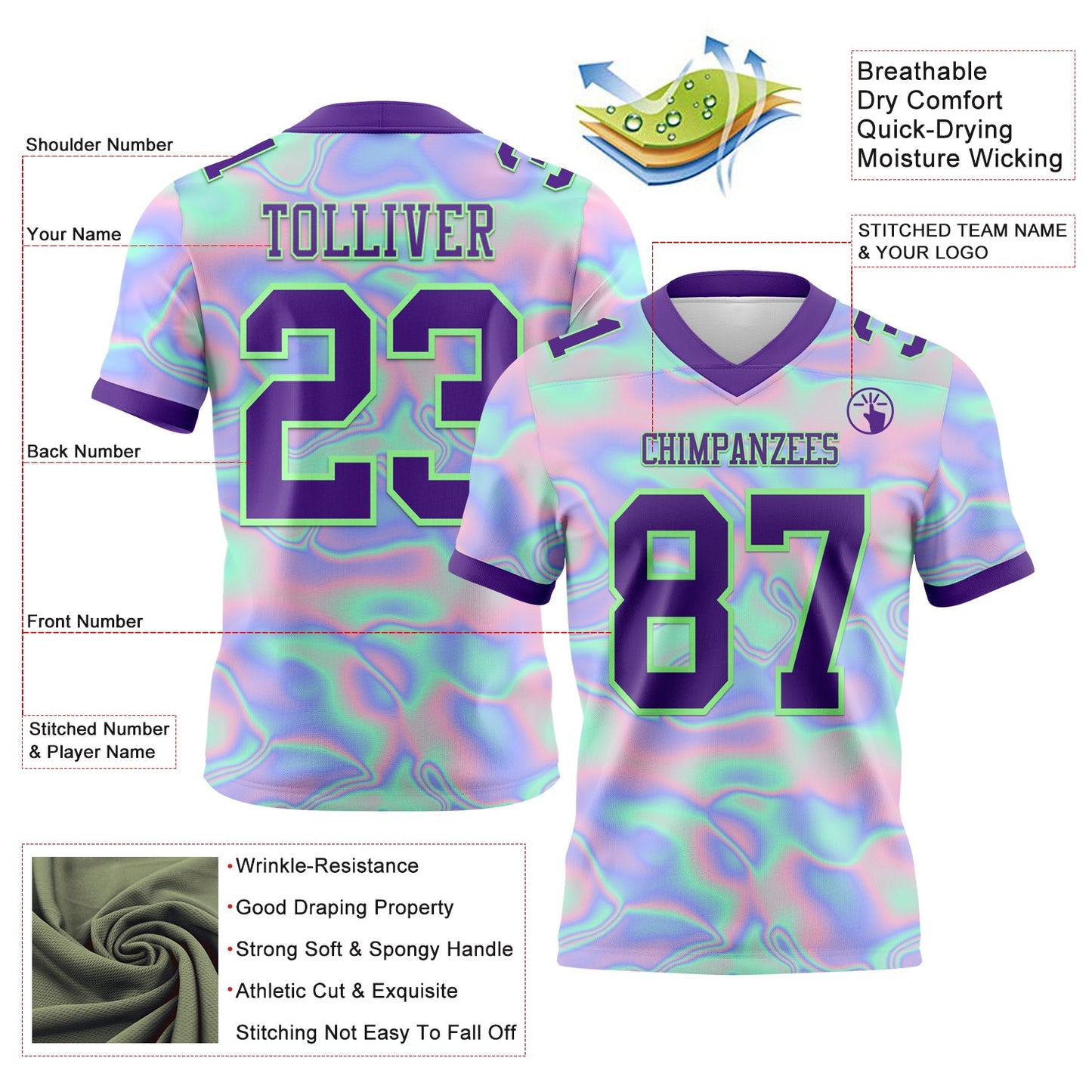 Custom Light Blue Purple-Pea Green 3D Pattern Abstract Trendy Holographic Vaporwave Style Mesh Authentic Football Jersey