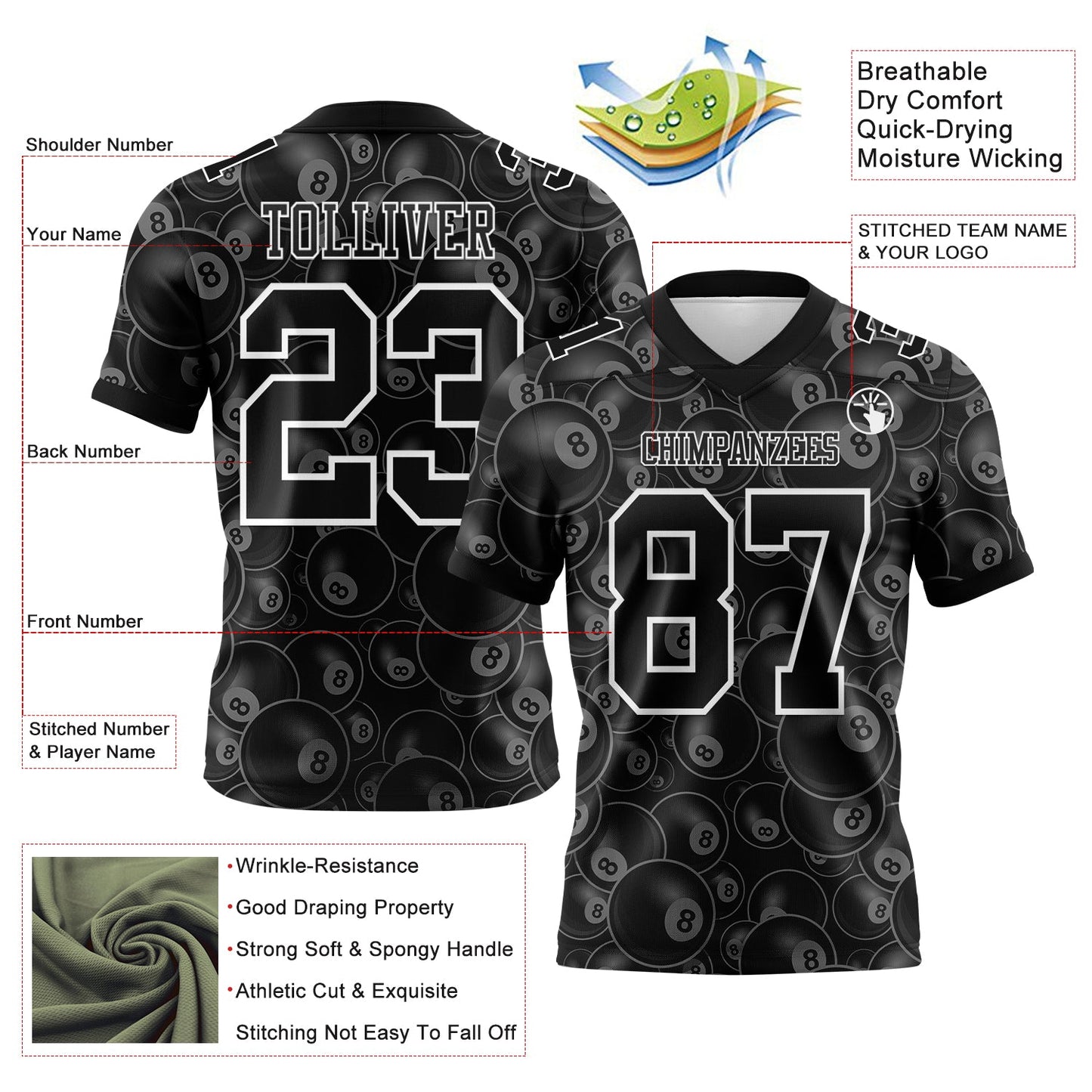 Custom Black White 3D Pattern Billiards Snooker 8 Ball Mesh Authentic Football Jersey