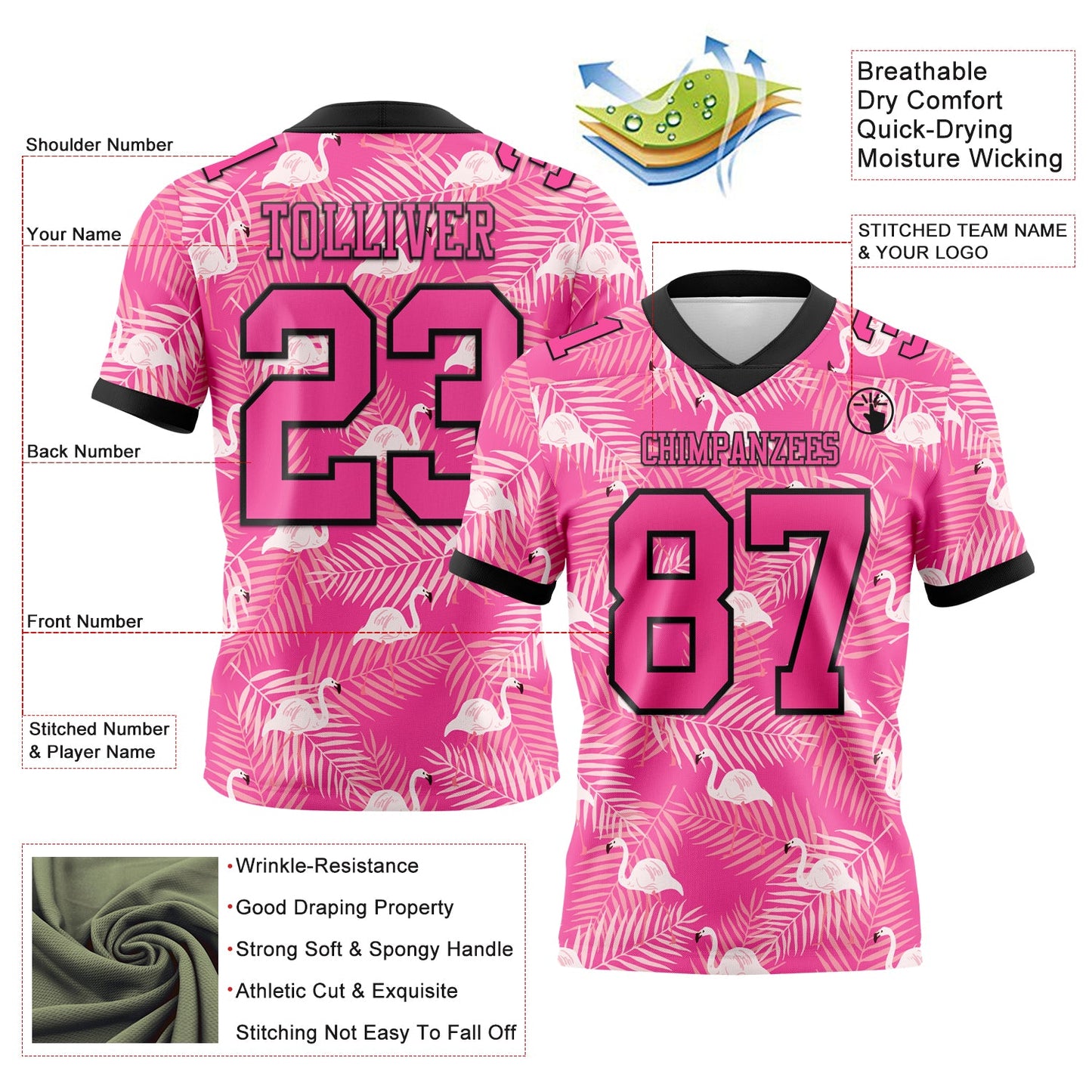 Custom Pink Black 3D Pattern Flamingo Mesh Authentic Football Jersey