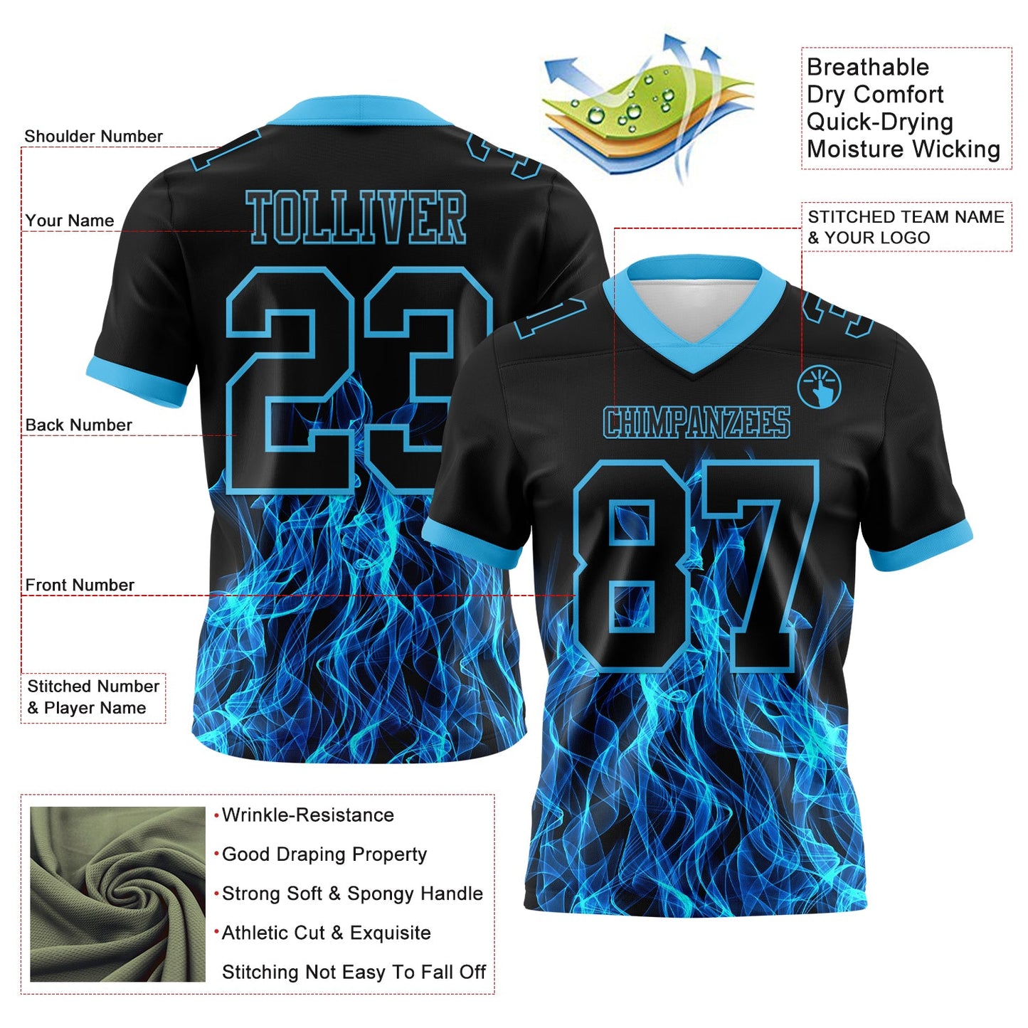 Custom Black Sky Blue 3D Pattern Flame Mesh Authentic Football Jersey