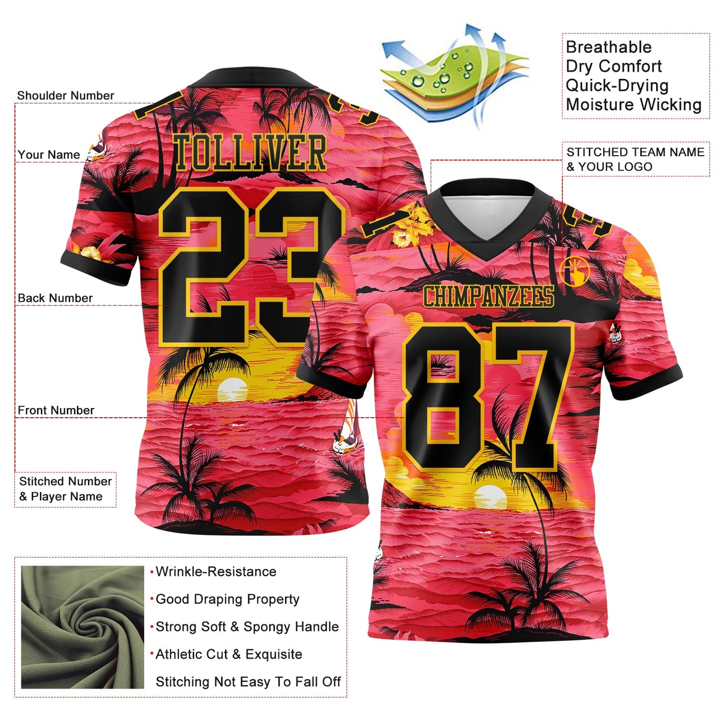Custom Red Black-Yellow 3D Pattern Sun Beach Hawaii Palm Trees Mesh Authentic Football Jersey